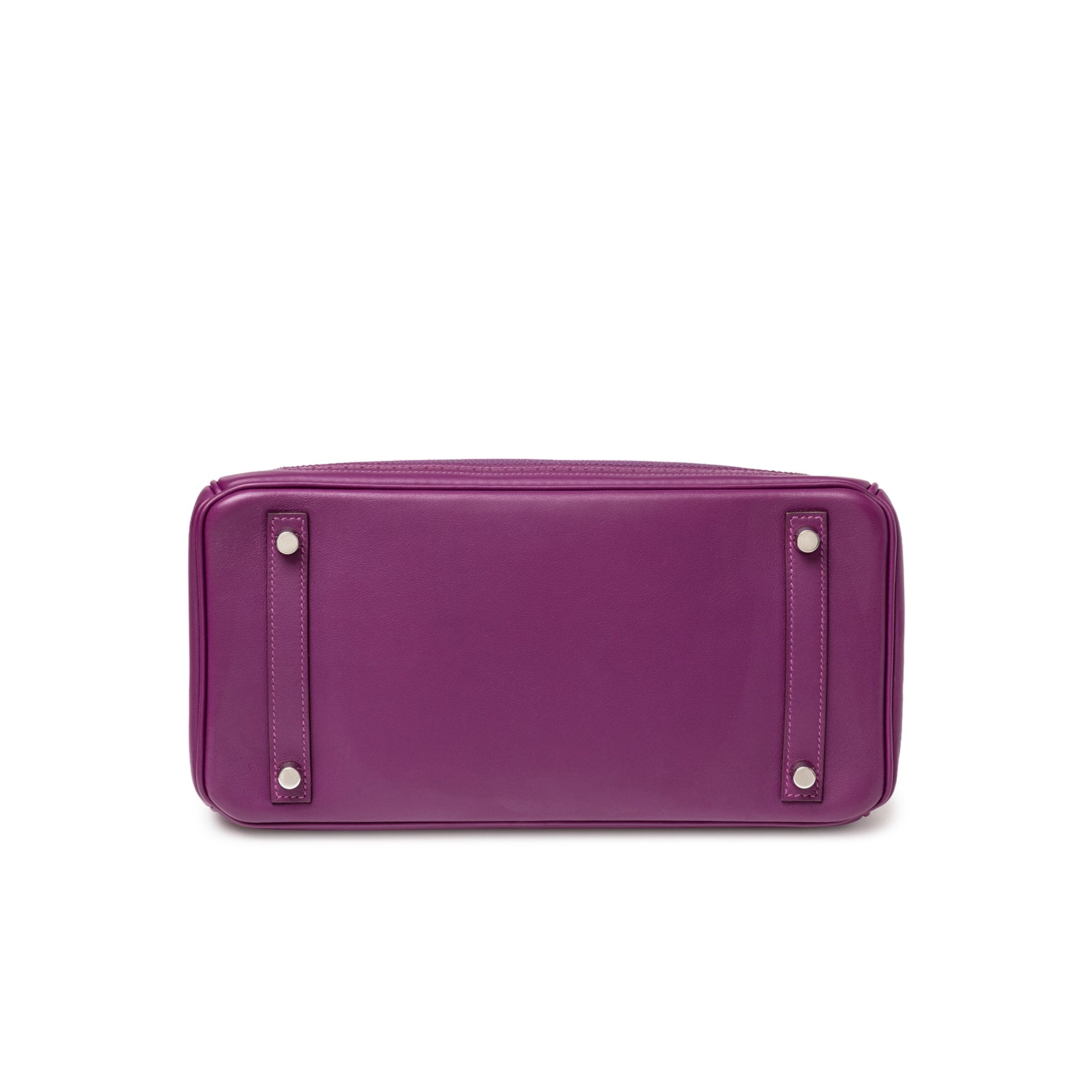 Bottom view of Hermès Birkin 30 Ghillies Anemone Togo Swift Palladium Hardware showing smooth leather and feet straps.