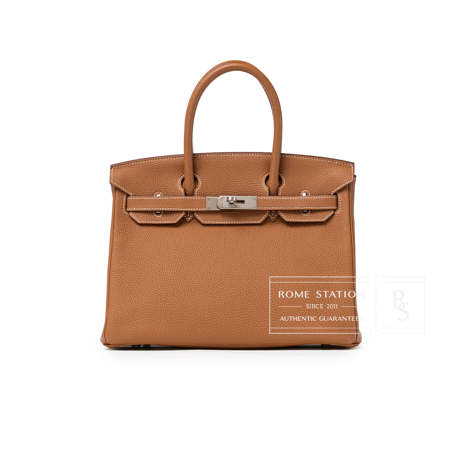 Front view of Hermès Birkin 30 Gold Togo Palladium Hardware handbag showcasing textured leather and silver clasp details.
