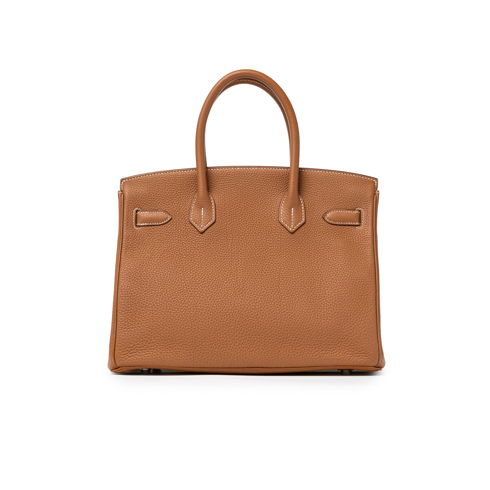 Back view of Hermès Birkin 30 Gold Togo Palladium Hardware handbag showing textured leather and handles