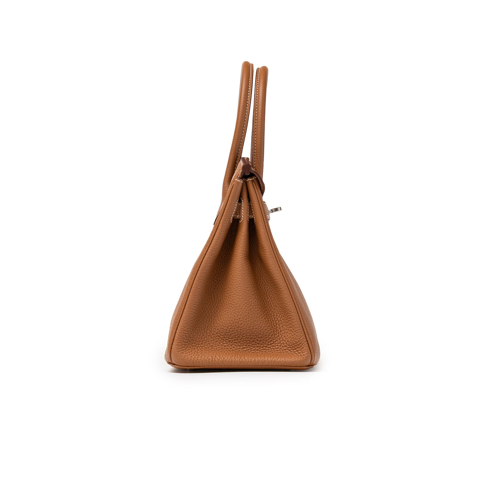 Side view of Hermès Birkin 30 Gold Togo Palladium Hardware showcasing textured leather and structured silhouette.