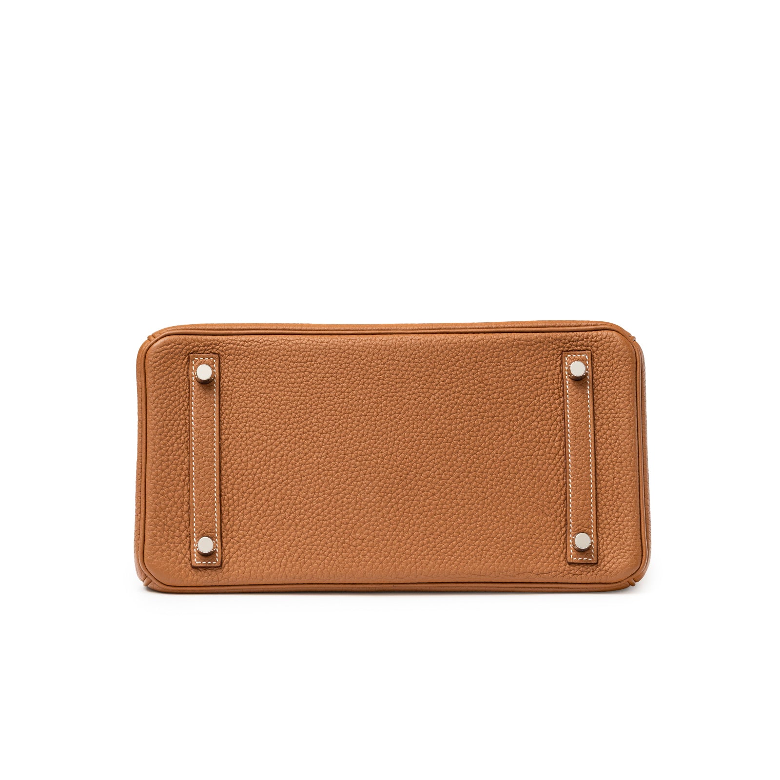 Bottom view of Hermès Birkin 30 Gold Togo Palladium Hardware showing textured leather and metal feet details