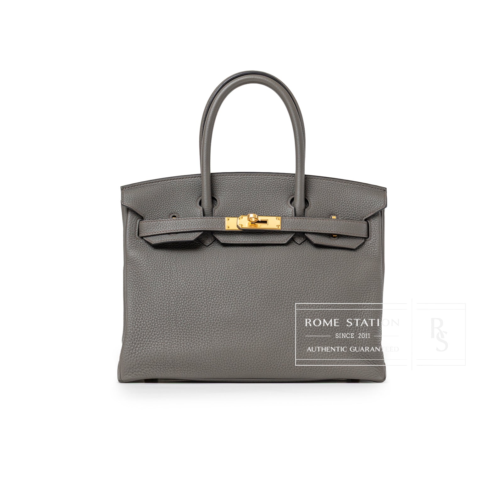 Front view of Hermès Birkin 30 Gris Meyer Togo Gold Hardware handbag with structured handles and classic lock closure