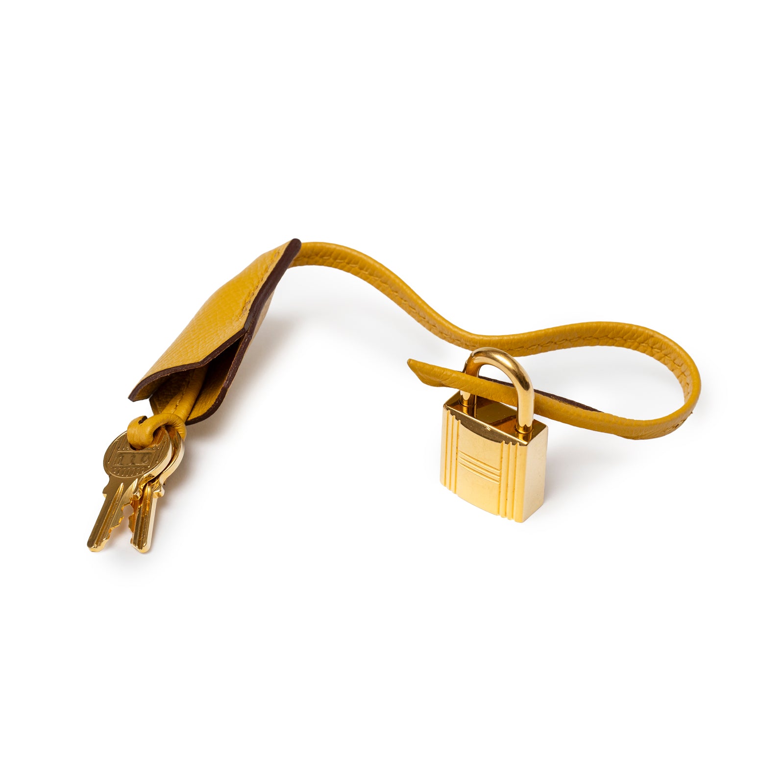 Gold padlock attached to yellow leather strap with matching keys for Hermès Birkin 30 Jaune Ambre Epsom Gold Hardware