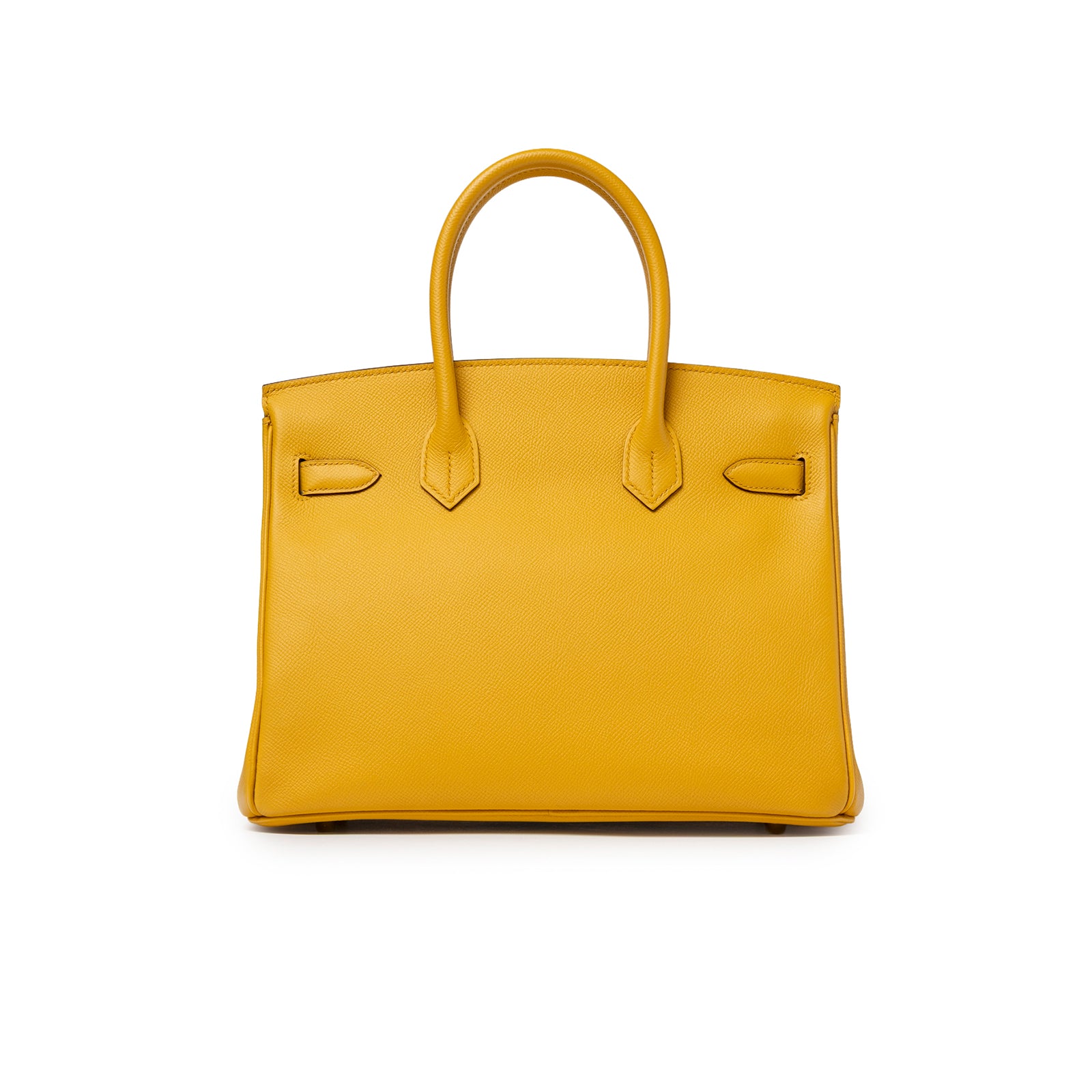Back view of Hermès Birkin 30 Jaune Ambre Epsom Gold Hardware showing smooth yellow leather and top handles