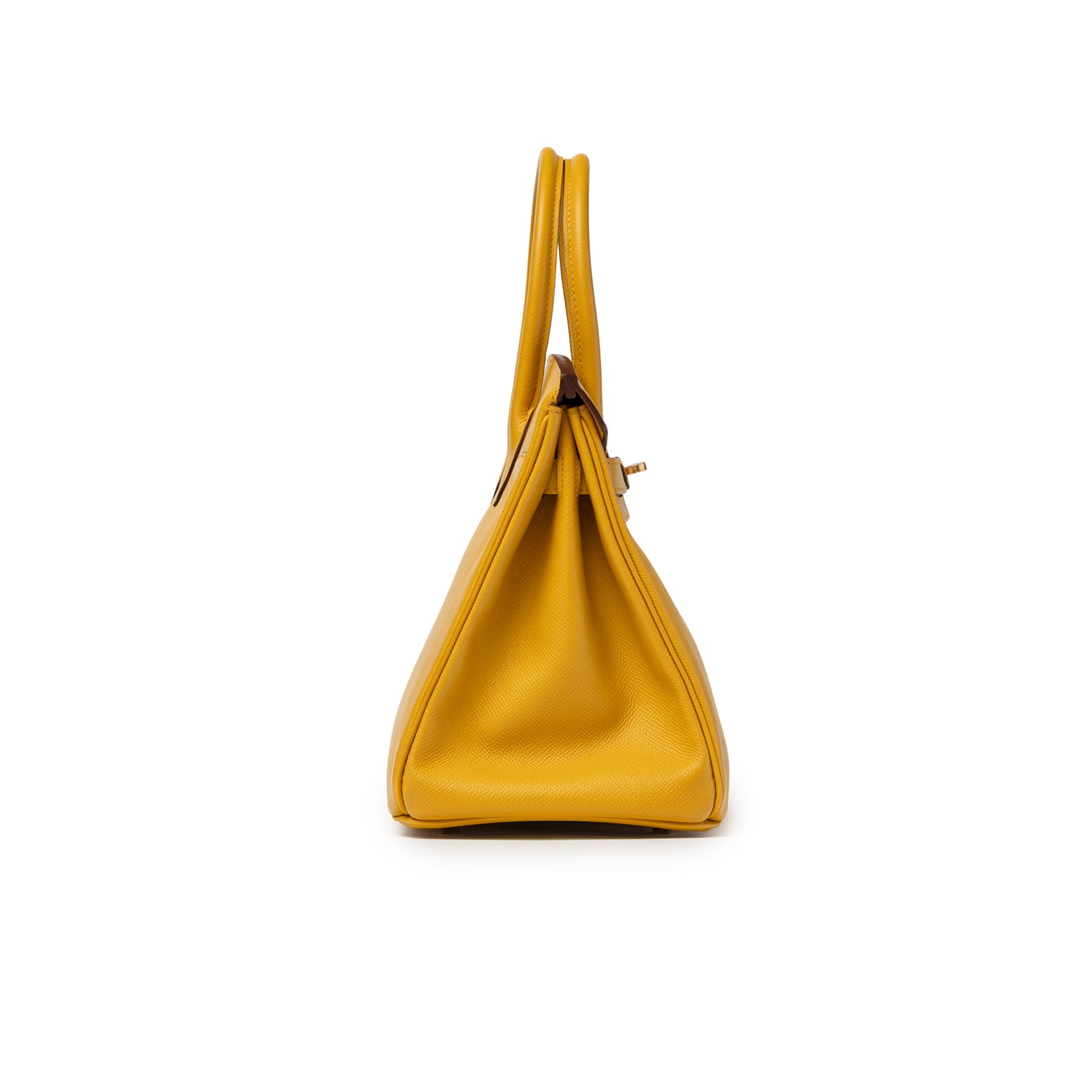 Side profile of Hermès Birkin 30 Jaune Ambre Epsom Gold Hardware showing structured yellow leather shape and handles