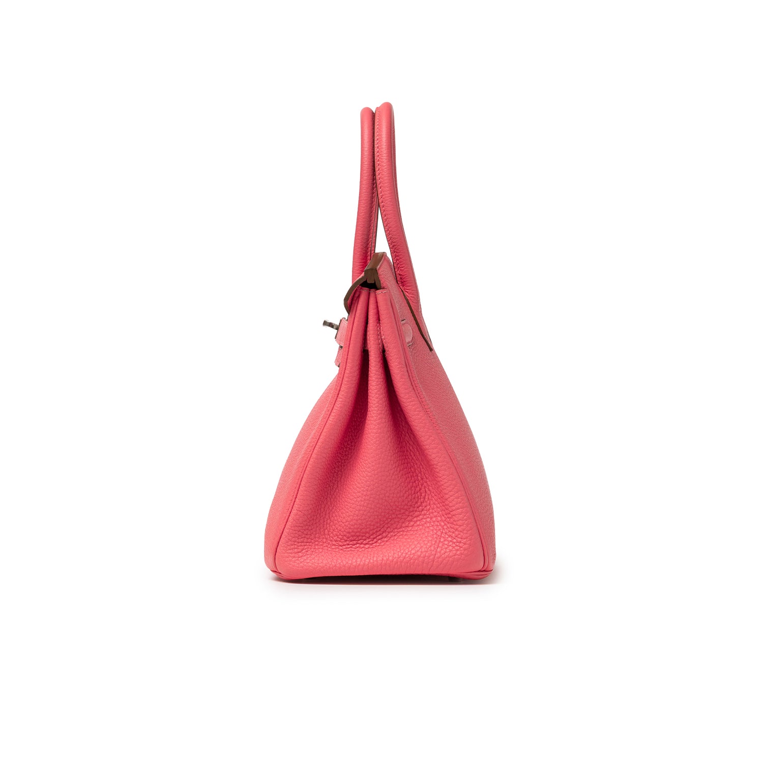 Side view of Hermès Birkin 30 Rose Lipstick Togo Palladium Hardware showing pink textured leather and handles