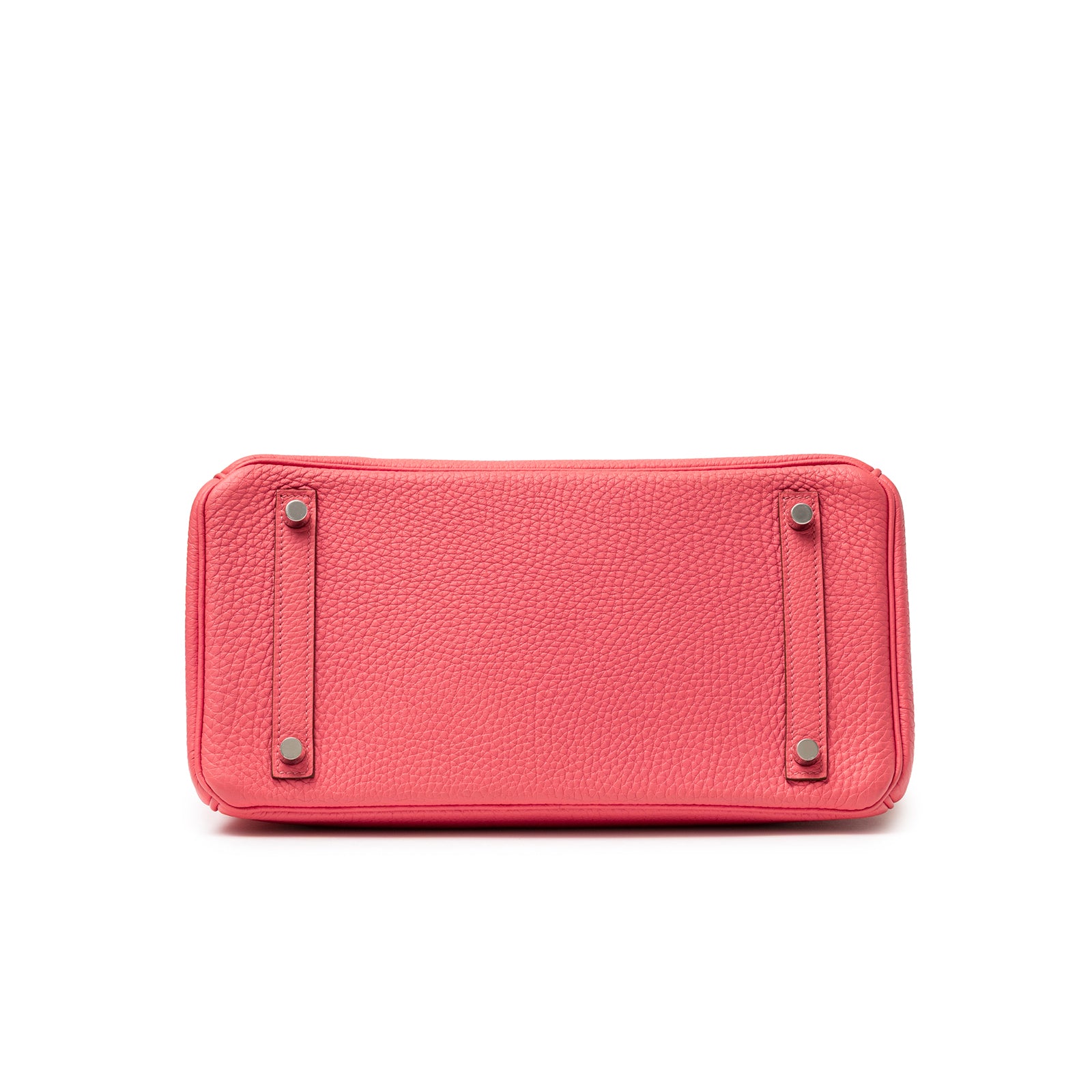 Bottom view of Hermès Birkin 30 Rose Lipstick Togo Palladium Hardware showing leather texture and protective feet