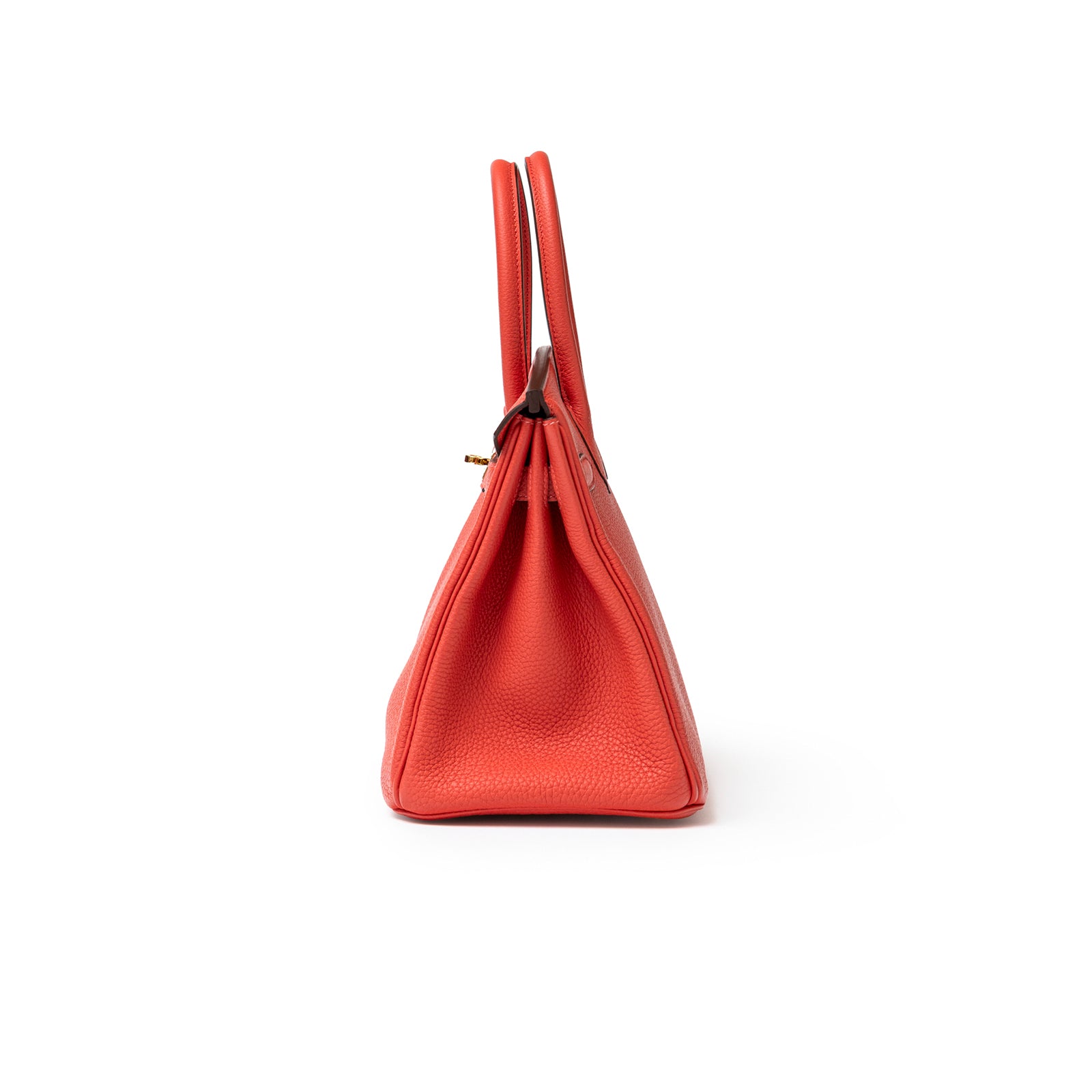 Side profile of Hermès Birkin 30 Rouge Pivoine Clemence Gold Hardware showing textured leather and dual handles