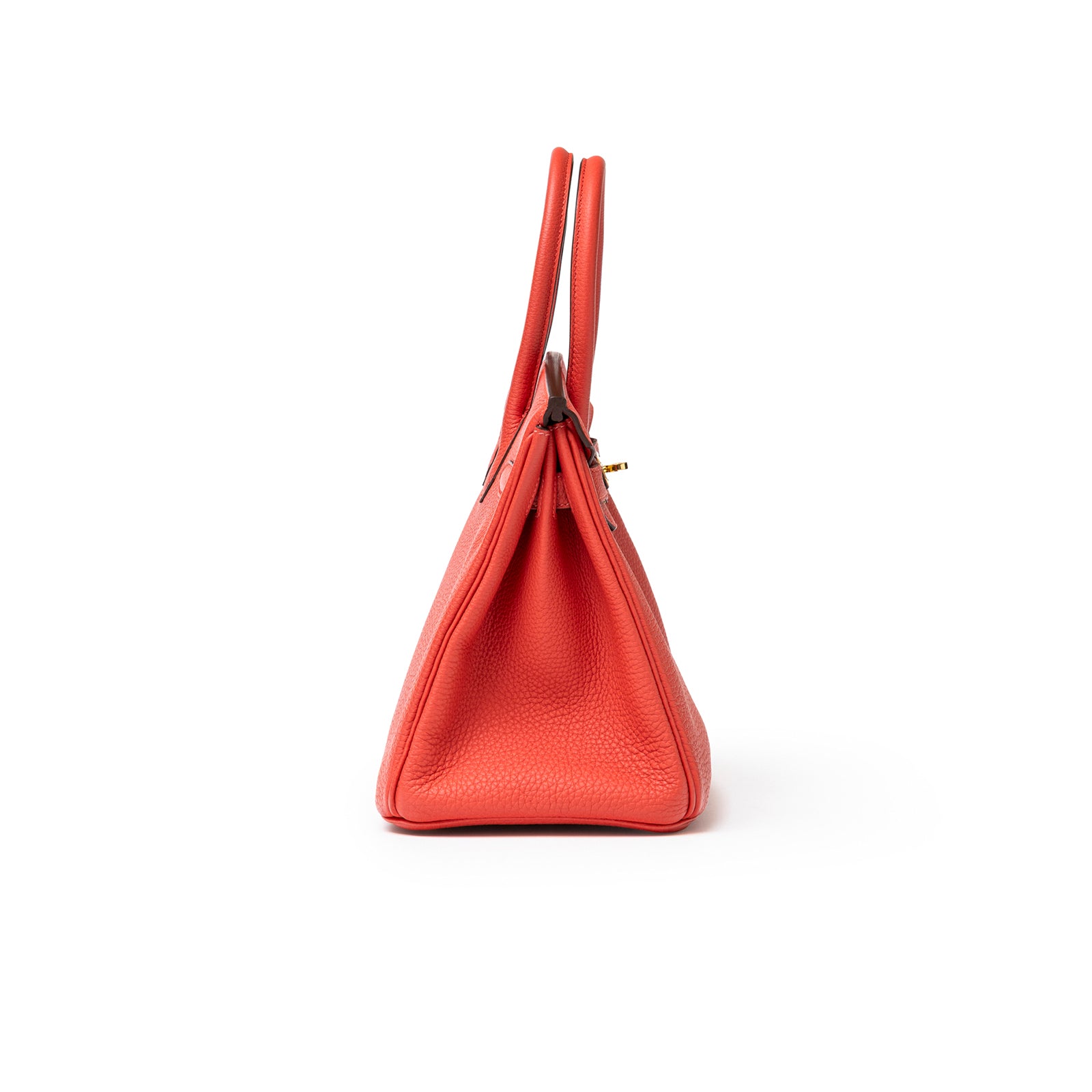 Side profile of Hermès Birkin 30 Rouge Pivoine Clemence Gold Hardware showing textured leather and handles.