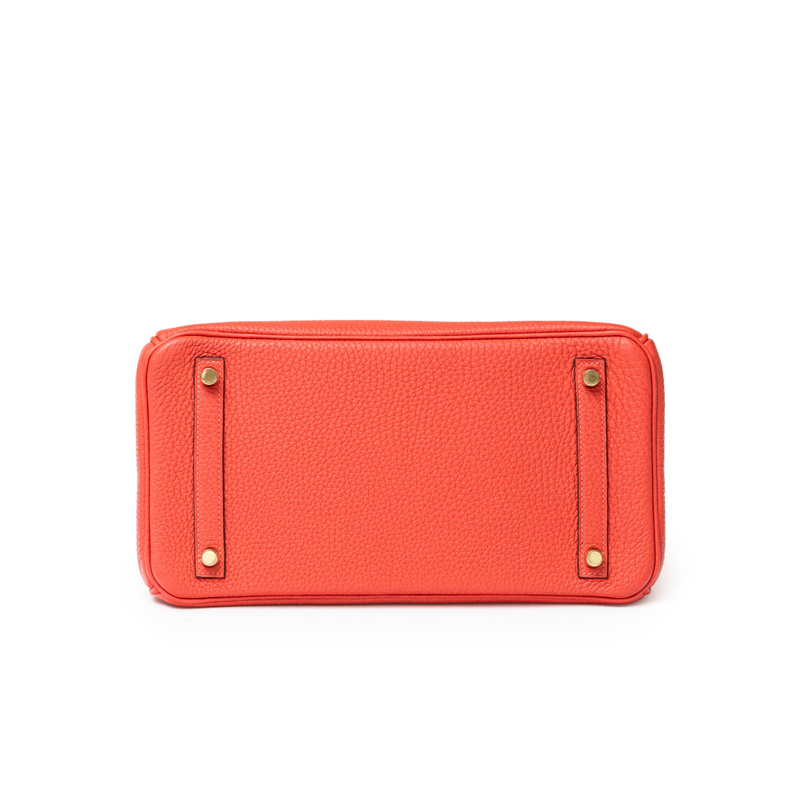Bottom view of Hermès Birkin 30 Rouge Pivoine Clemence Gold Hardware showing textured leather and gold feet studs