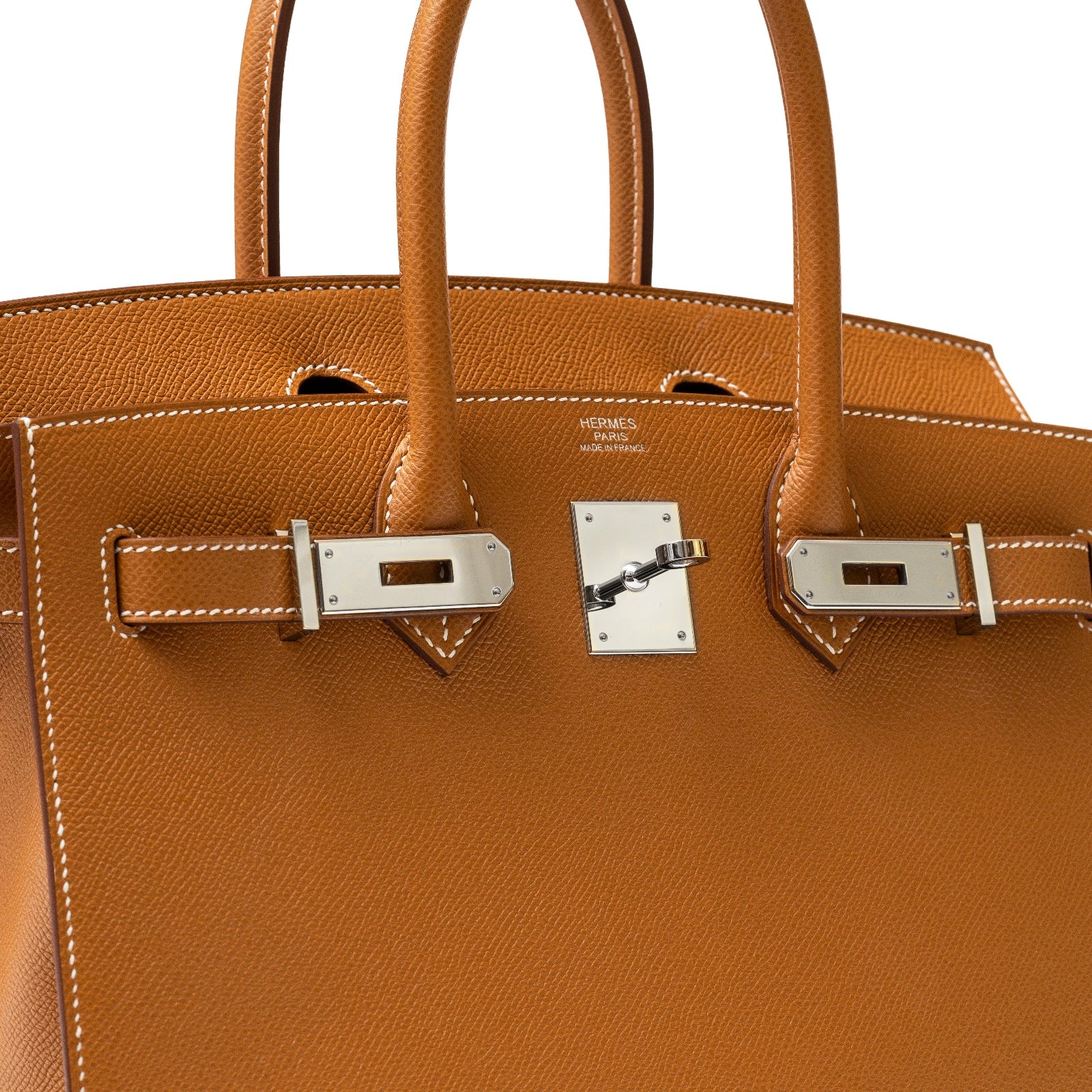 Close-up front view of Hermès Birkin 30 Sellier Gold Epsom leather with palladium hardware