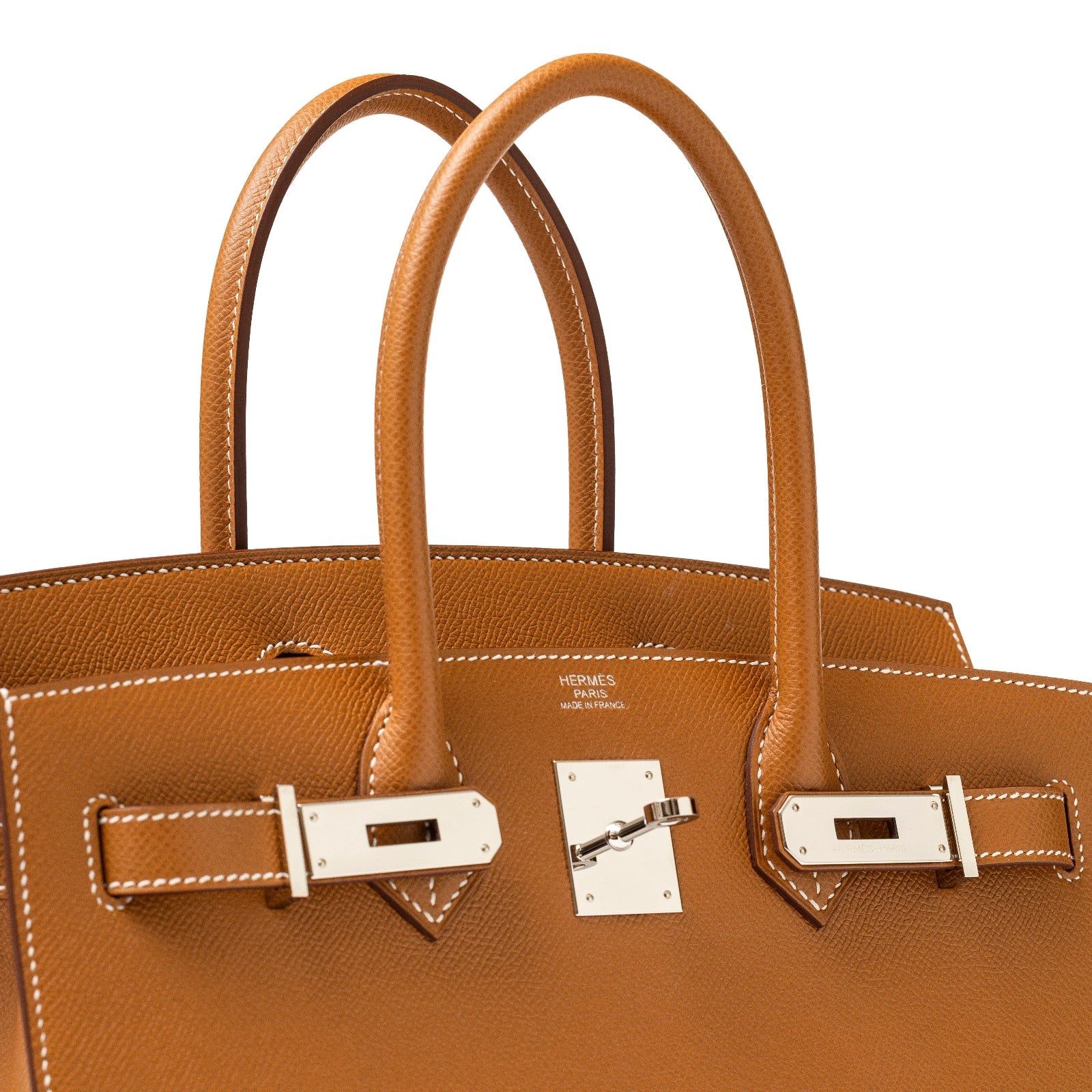Close-up front view of Hermès Birkin 30 Sellier Gold Epsom leather with palladium hardware