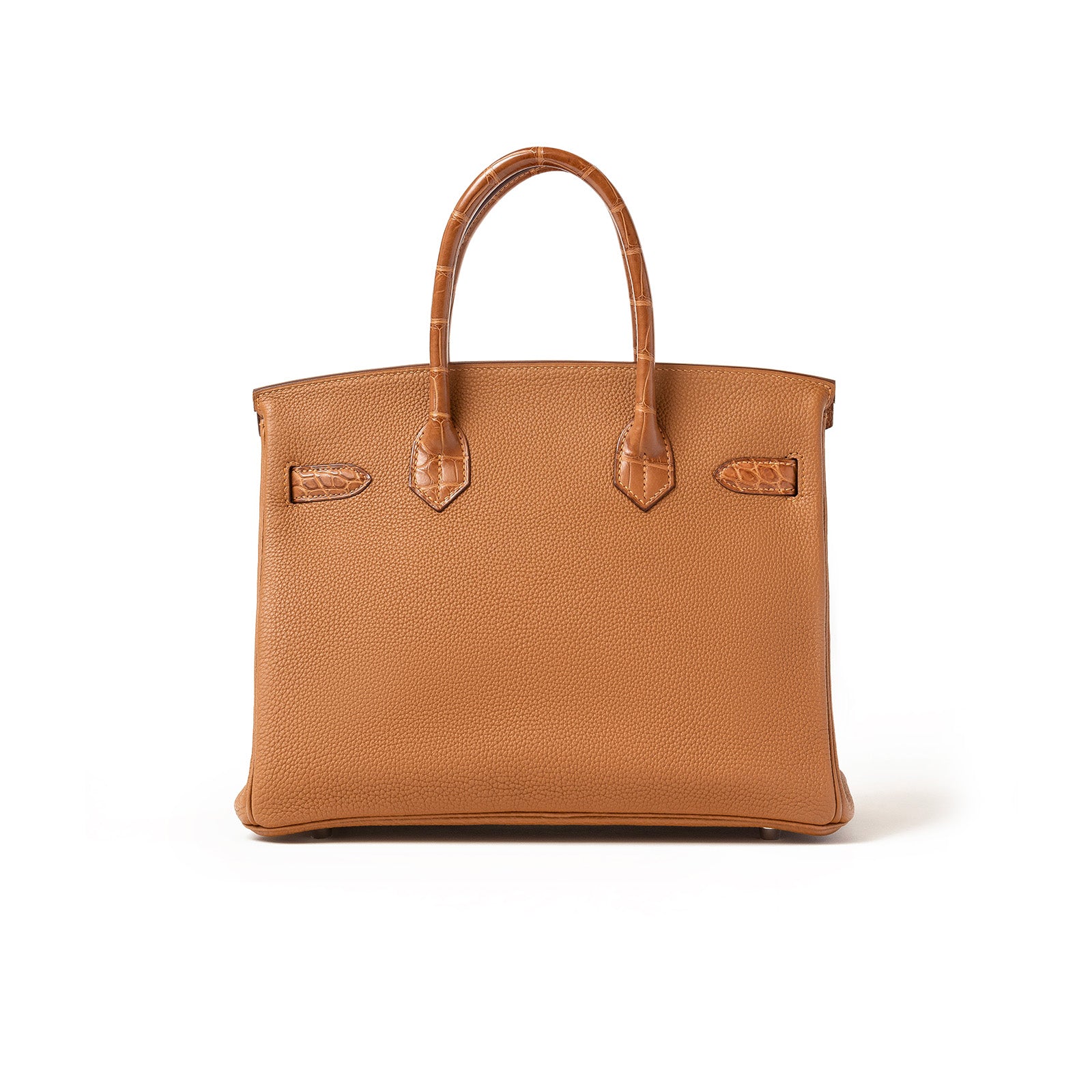 Back view of Hermès Birkin 30 in gold Togo leather with matte alligator handles and minimal hardware visible