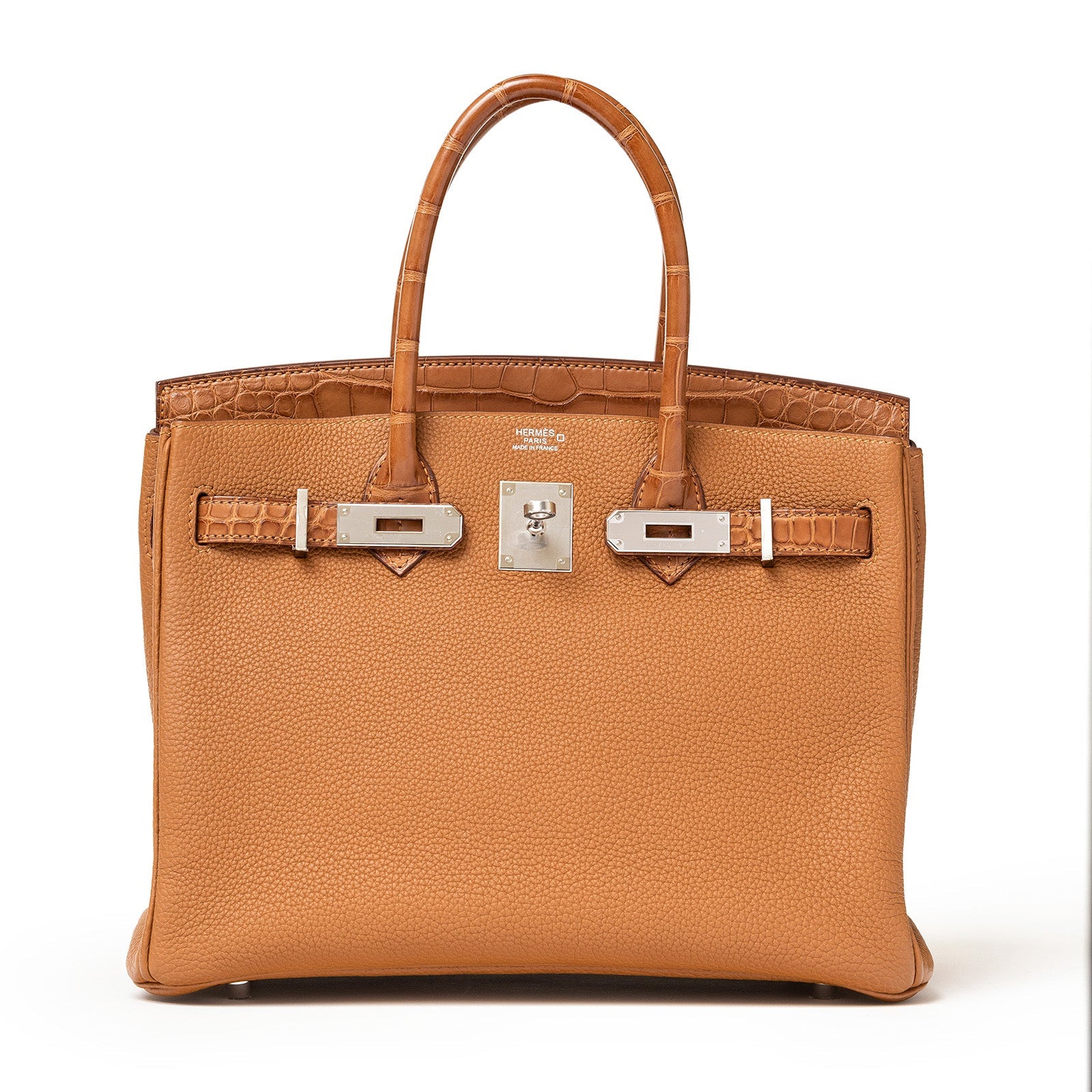 Front view of Hermès Birkin 30 in gold togo leather with matte alligator trim and palladium hardware