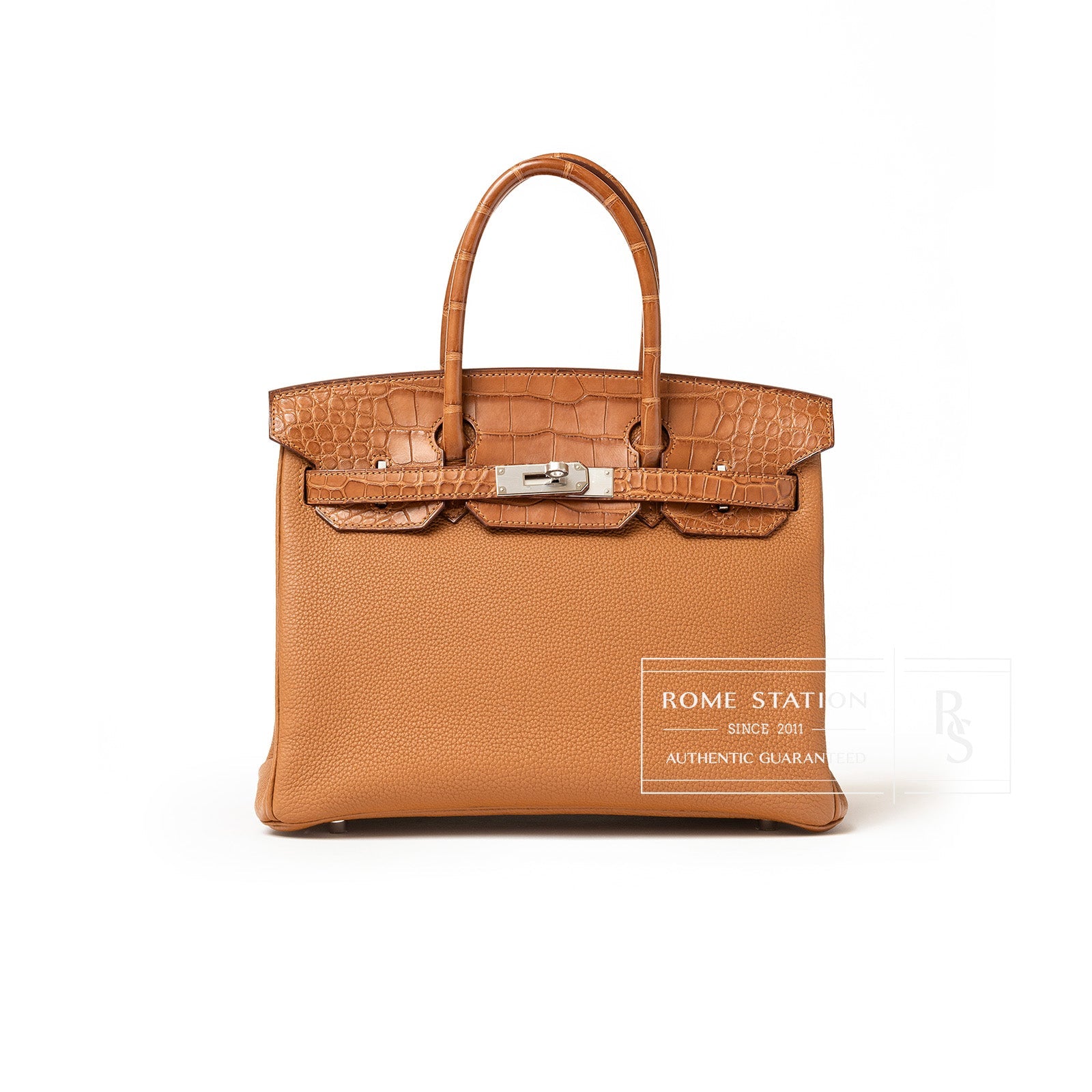 Front view of Hermès Birkin 30 combining togo leather body with matte alligator flap and gold palladium hardware