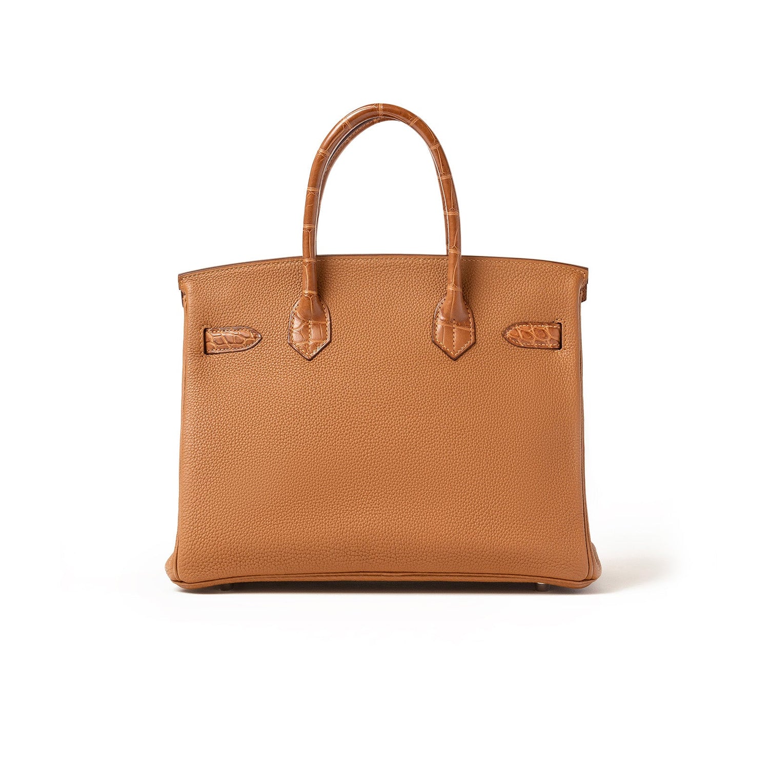 Back view of Hermès Birkin 30 in gold Togo leather with matte alligator handles and minimal hardware visible