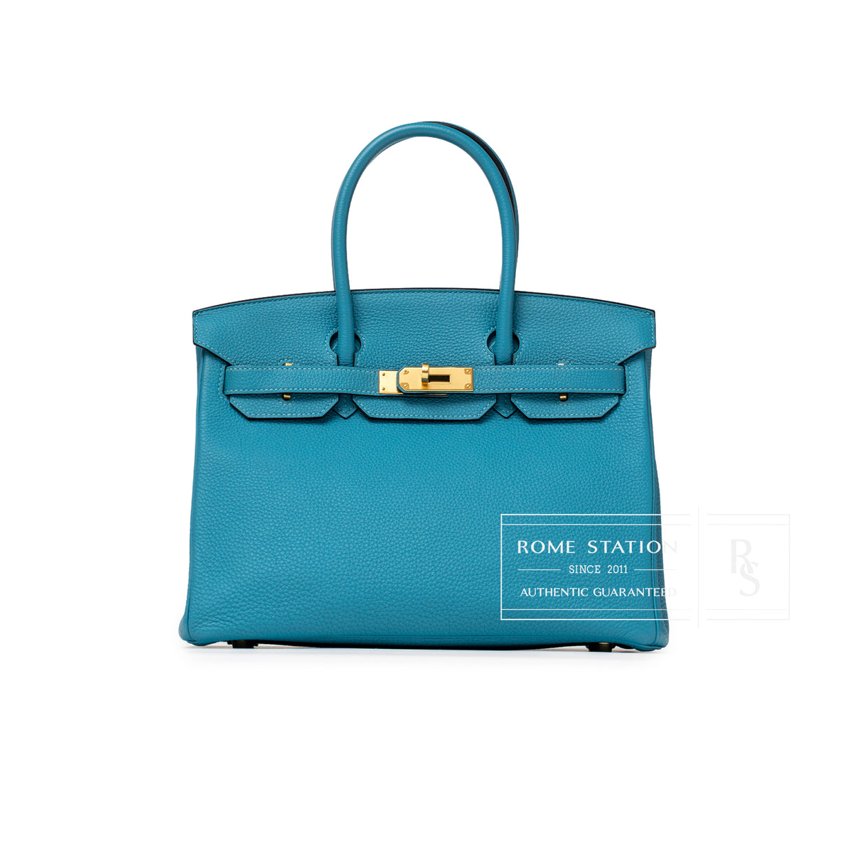 Front view of Hermès Birkin 30 Turquoise Togo Gold Hardware showing textured leather and gold clasp details