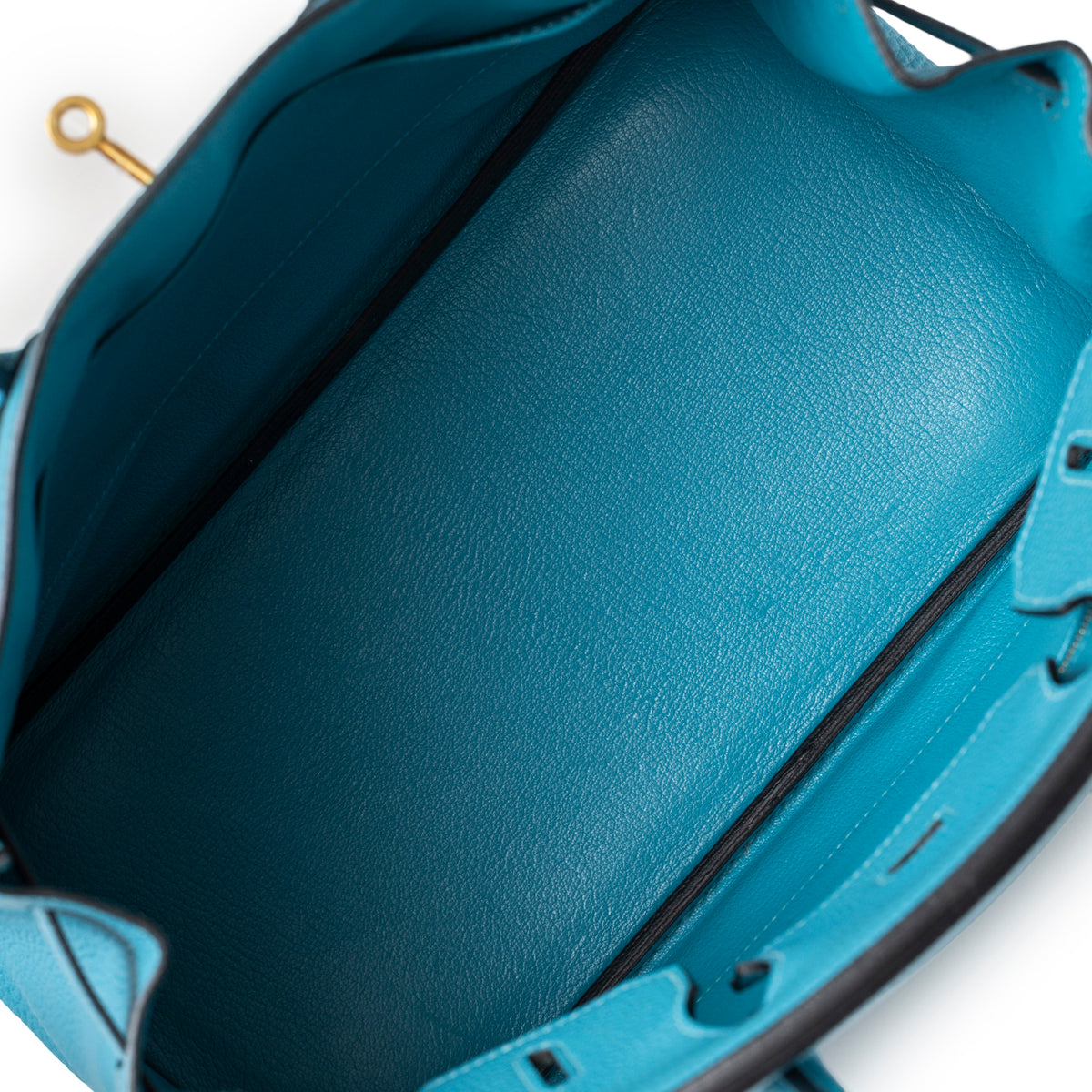 Interior close-up of Hermès Birkin 30 Turquoise Togo Gold Hardware showing detailed textured leather lining
