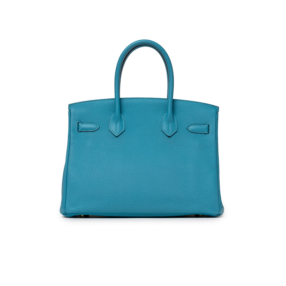 Back view of Hermès Birkin 30 Turquoise Togo Gold Hardware showing smooth leather and structured handles