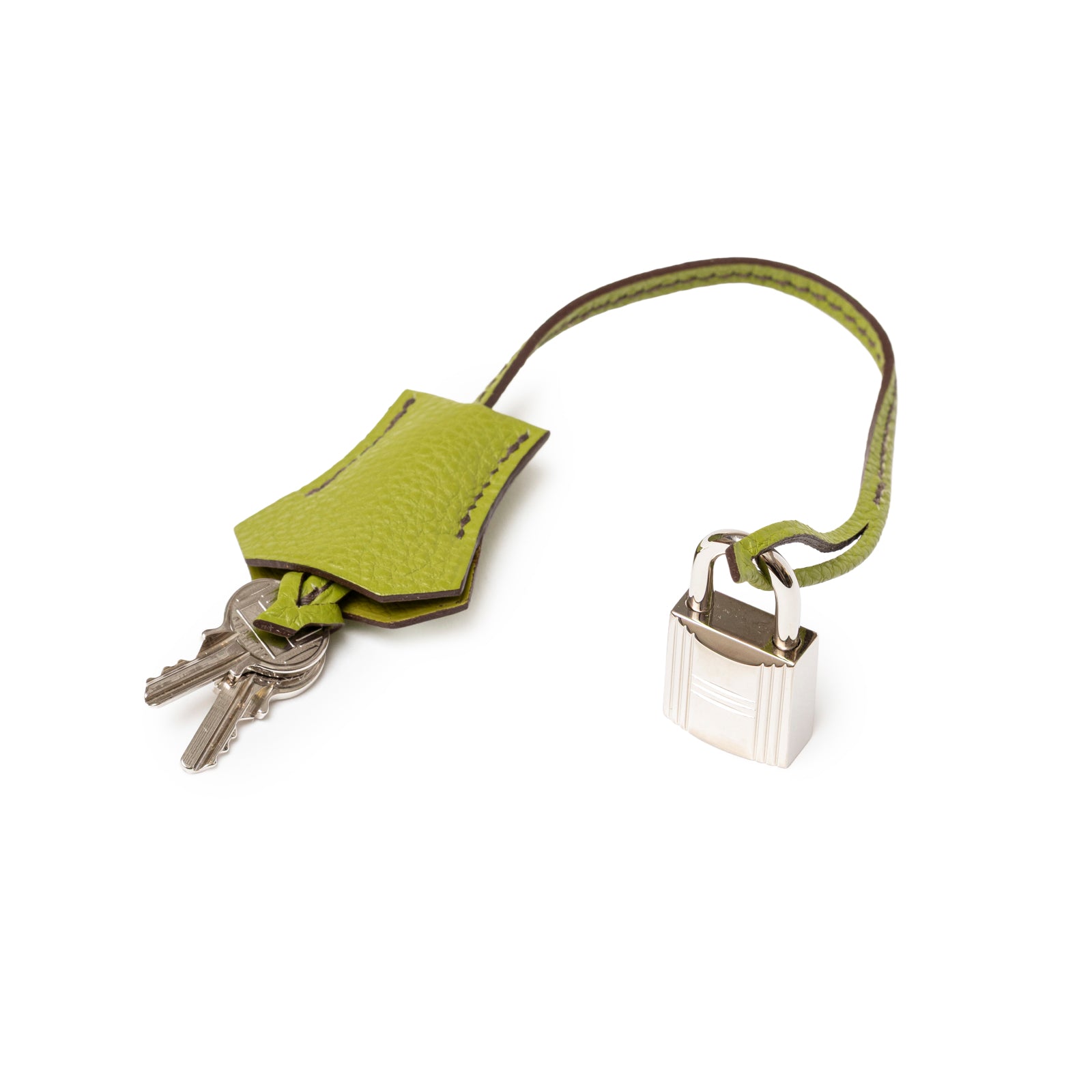 Leather clochette and palladium padlock keychain in Vert Anis for Hermès Birkin 30 Vert Anis Togo Palladium Hardware