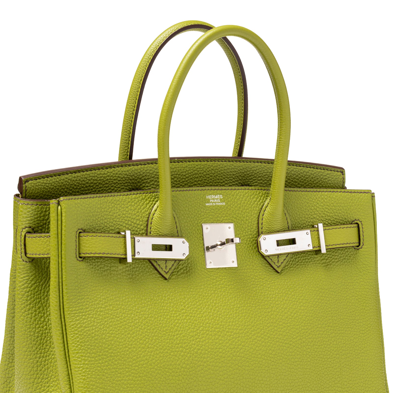 Close-up of Hermès Birkin 30 Vert Anis Togo Palladium Hardware showing textured leather and palladium clasp detail