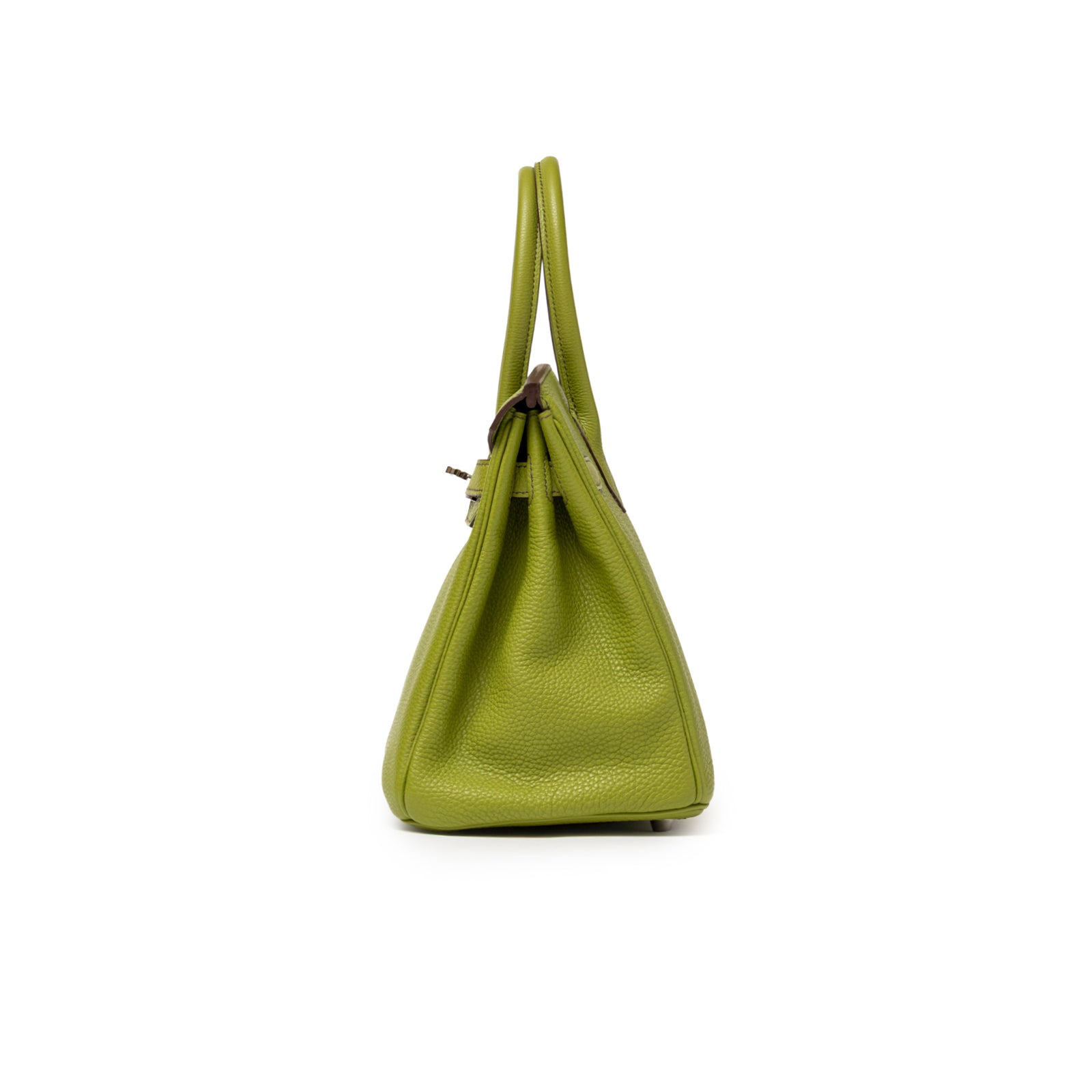 Side profile of Hermès Birkin 30 Vert Anis Togo Palladium Hardware showing textured leather and structured silhouette