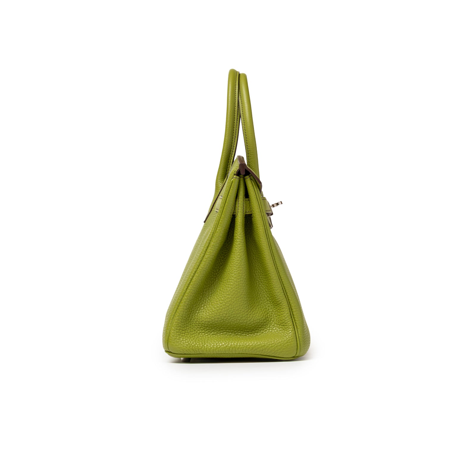 Side profile of Hermès Birkin 30 Vert Anis Togo Palladium Hardware showing pebbled leather texture and handles