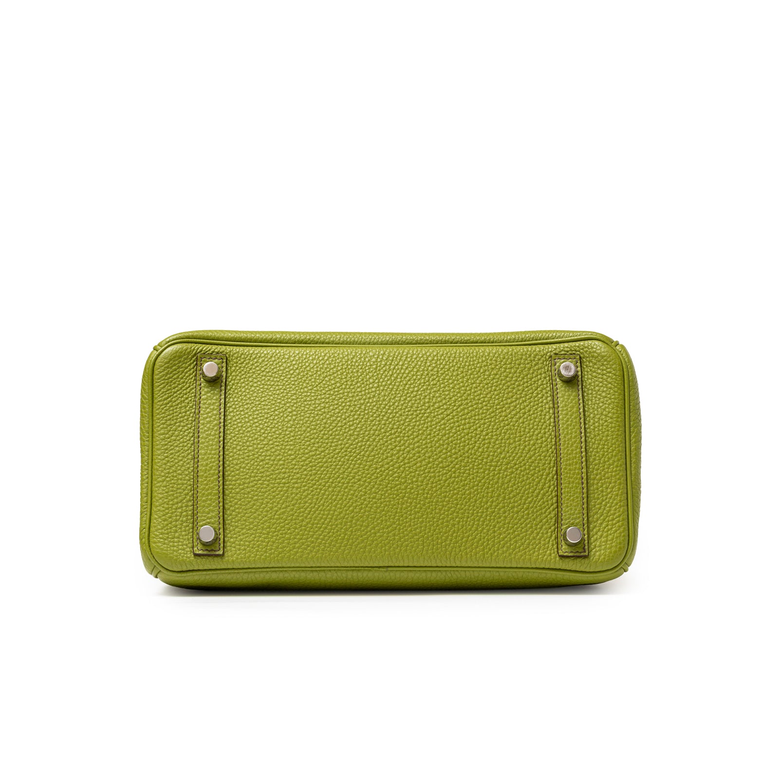 Base view of Hermès Birkin 30 Vert Anis Togo Palladium Hardware showing textured leather and metal studs detail