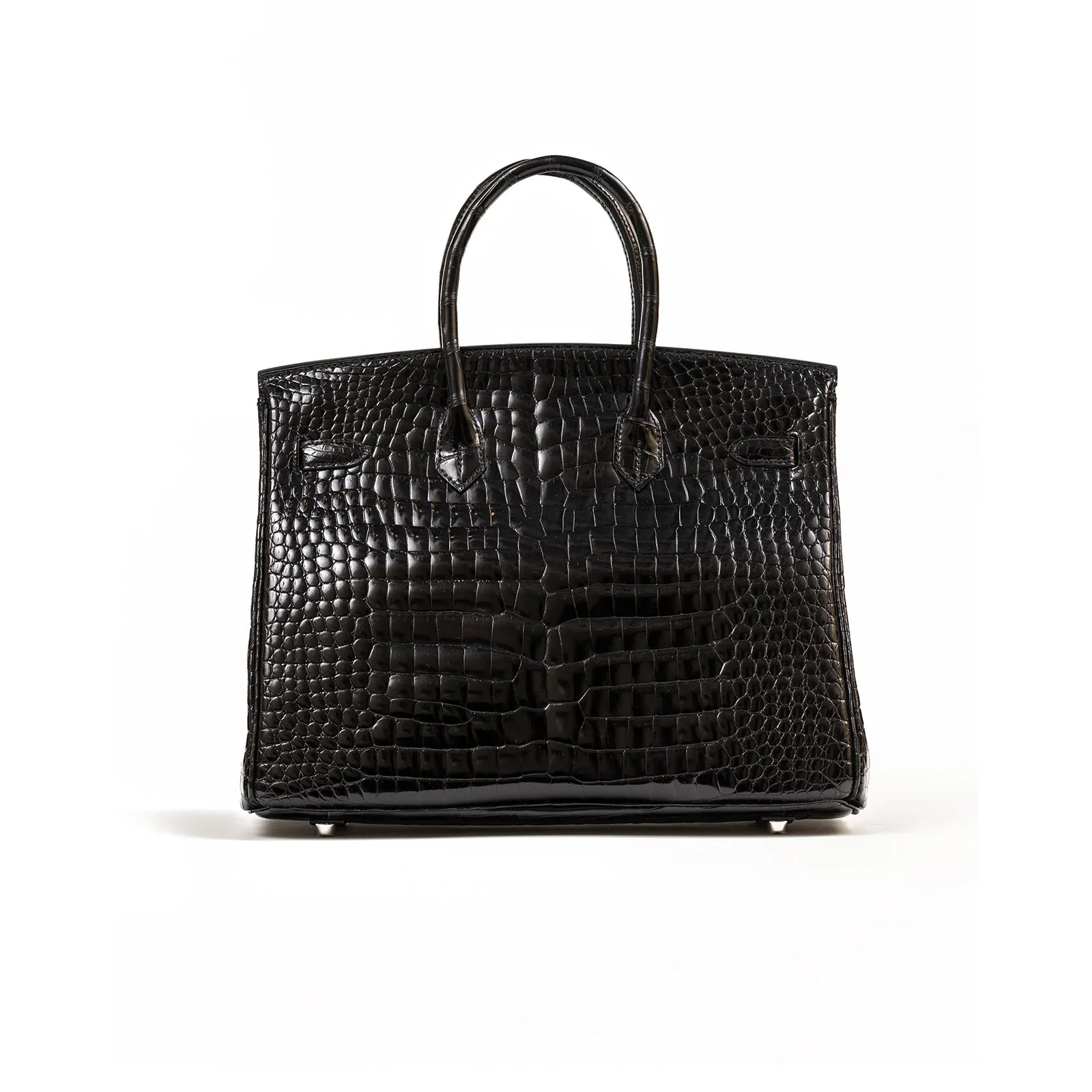Back view of Hermès Birkin 35 Black Shiny Porosus with palladium hardware, showcasing its crocodile texture.