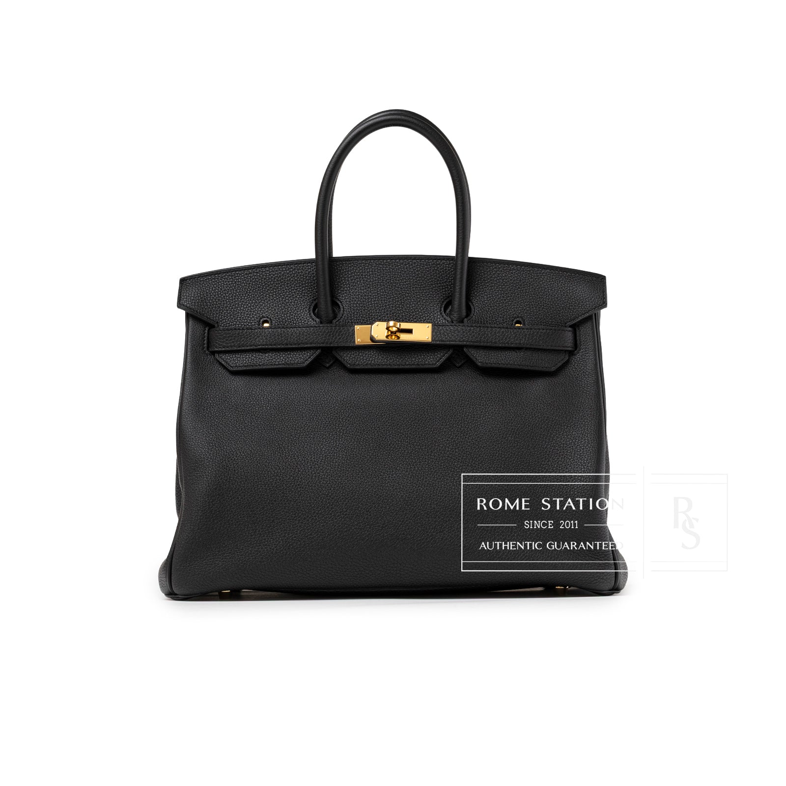 Front view of Hermès Birkin 35 Black Togo Gold Hardware showcasing smooth black leather and gold clasp detail