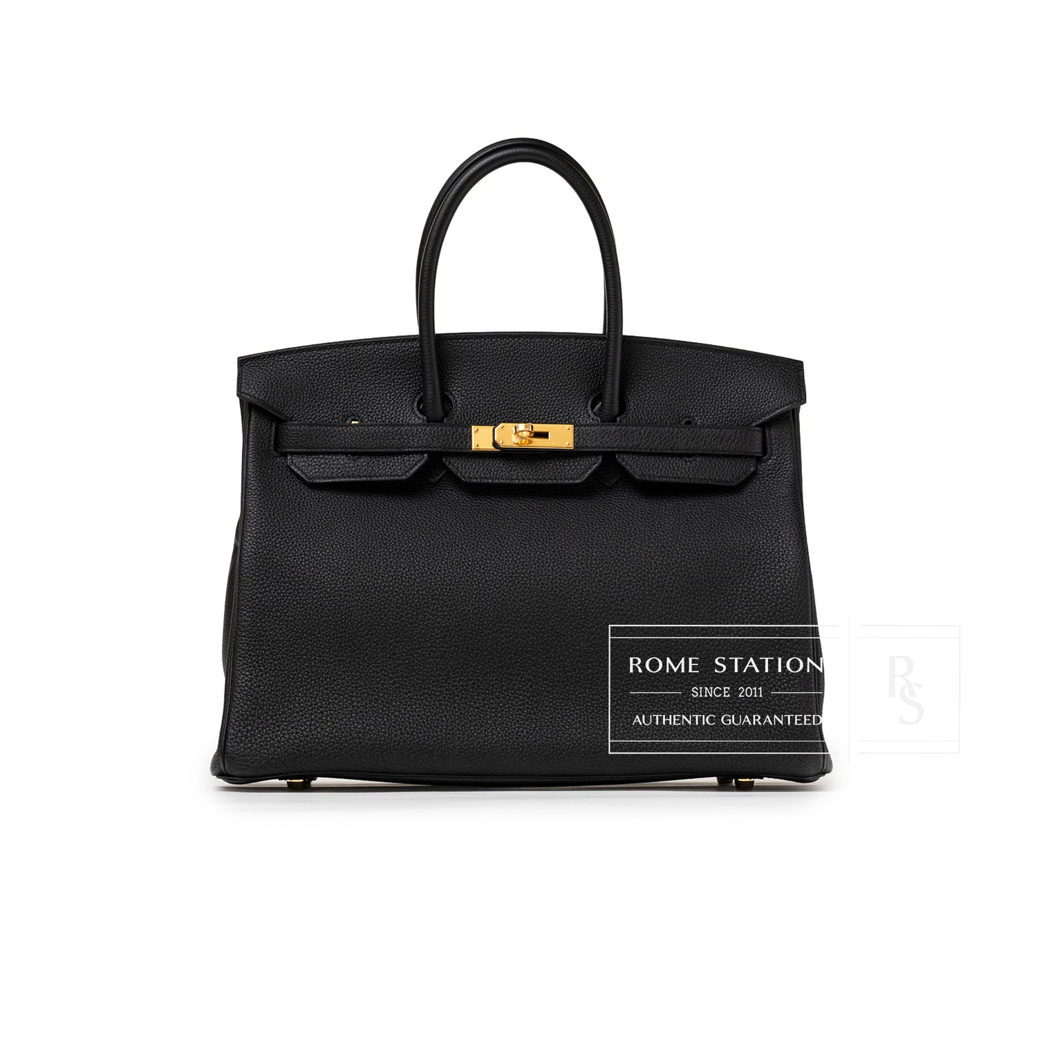 Front view of Hermès Birkin 35 Black Togo Gold Hardware showing smooth leather and gold clasp detail