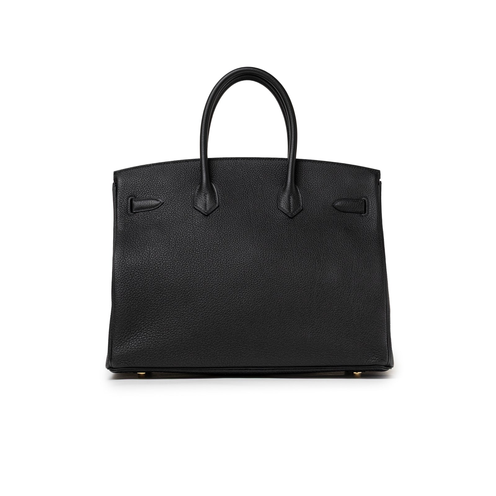 Back view of Hermès Birkin 35 Black Togo Gold Hardware highlighting pebbled leather and smooth handles detail