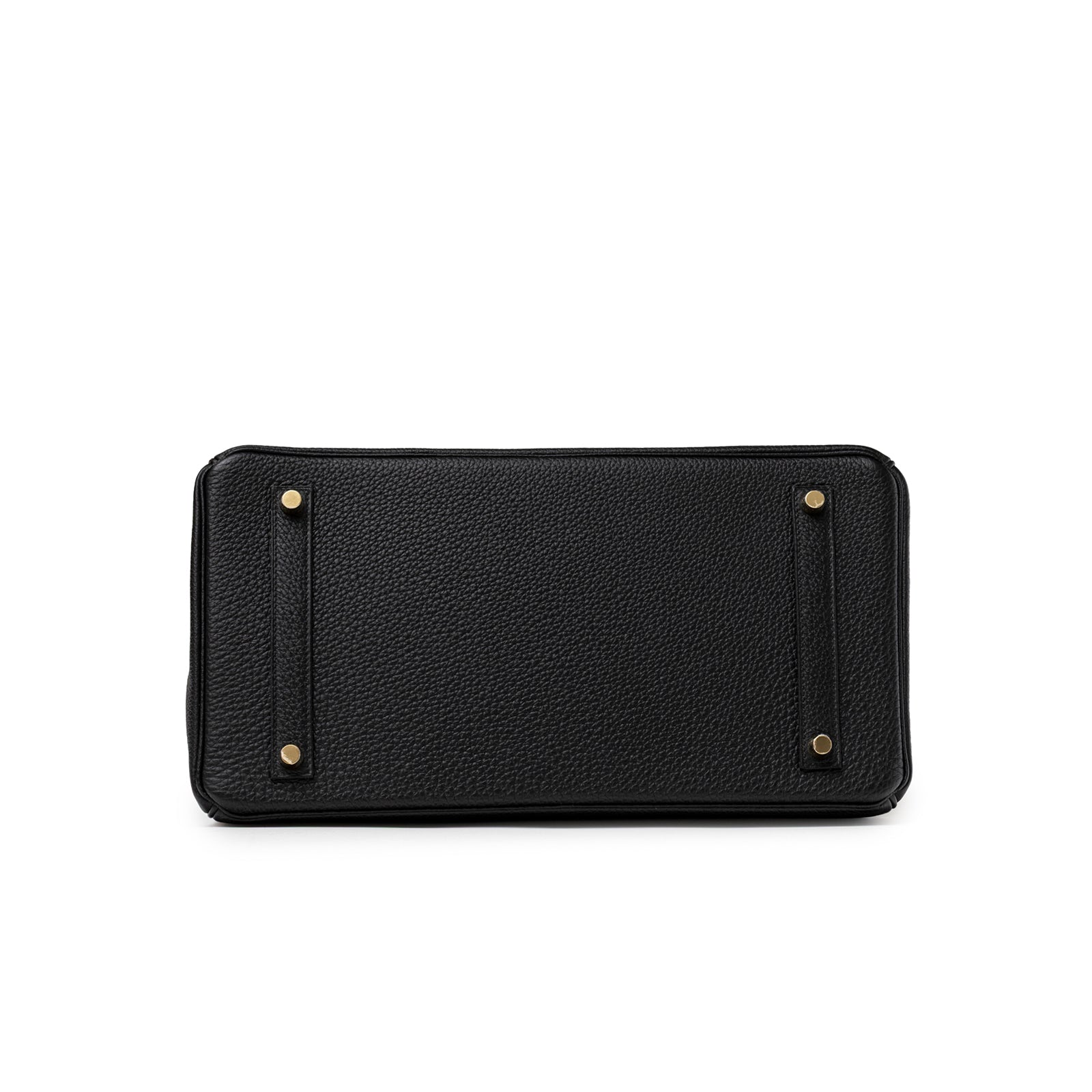 Bottom view of Hermès Birkin 35 Black Togo Gold Hardware showing textured leather and gold feet details