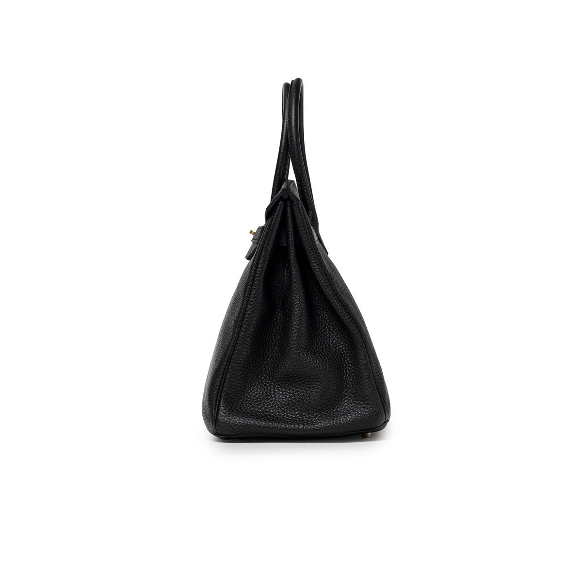 Side profile of Hermès Birkin 35 Black Togo Gold Hardware showing textured leather and dual top handles
