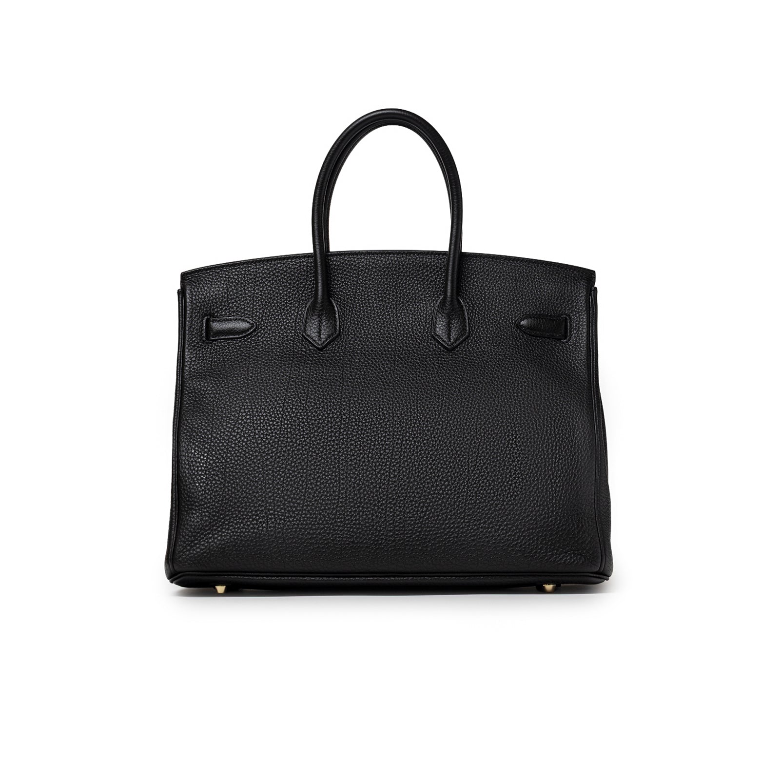 Back view of Hermès Birkin 35 Black Togo Gold Hardware showing textured leather and curved handles