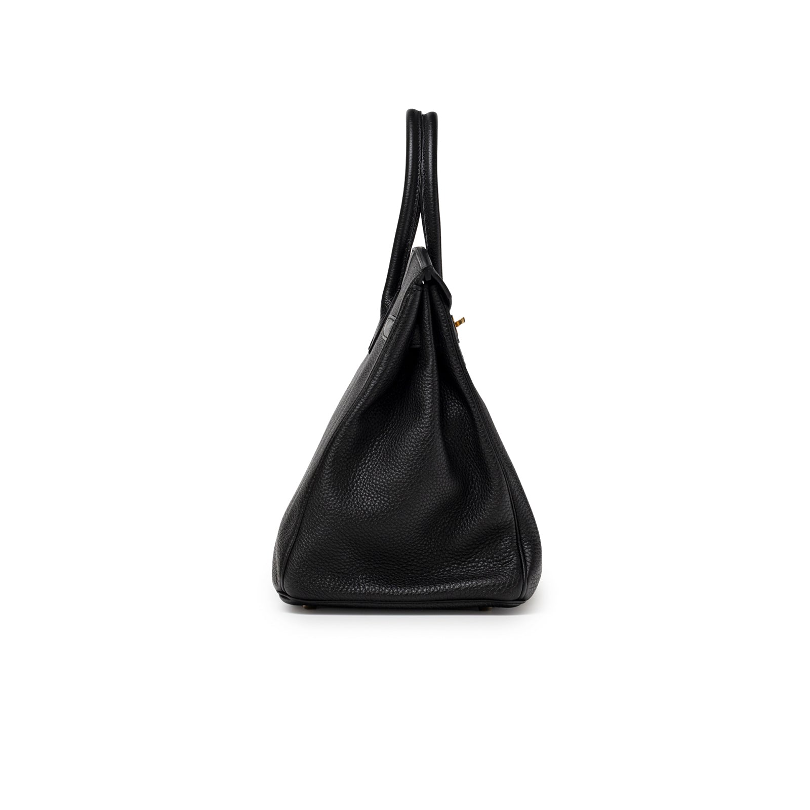 Side profile of Hermès Birkin 35 Black Togo Gold Hardware highlighting textured leather and handle silhouette