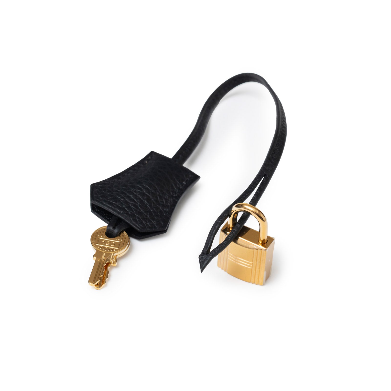 Close-up of Hermès Birkin 35 Black Togo Gold Hardware lock, key, and black leather clochette accessory.