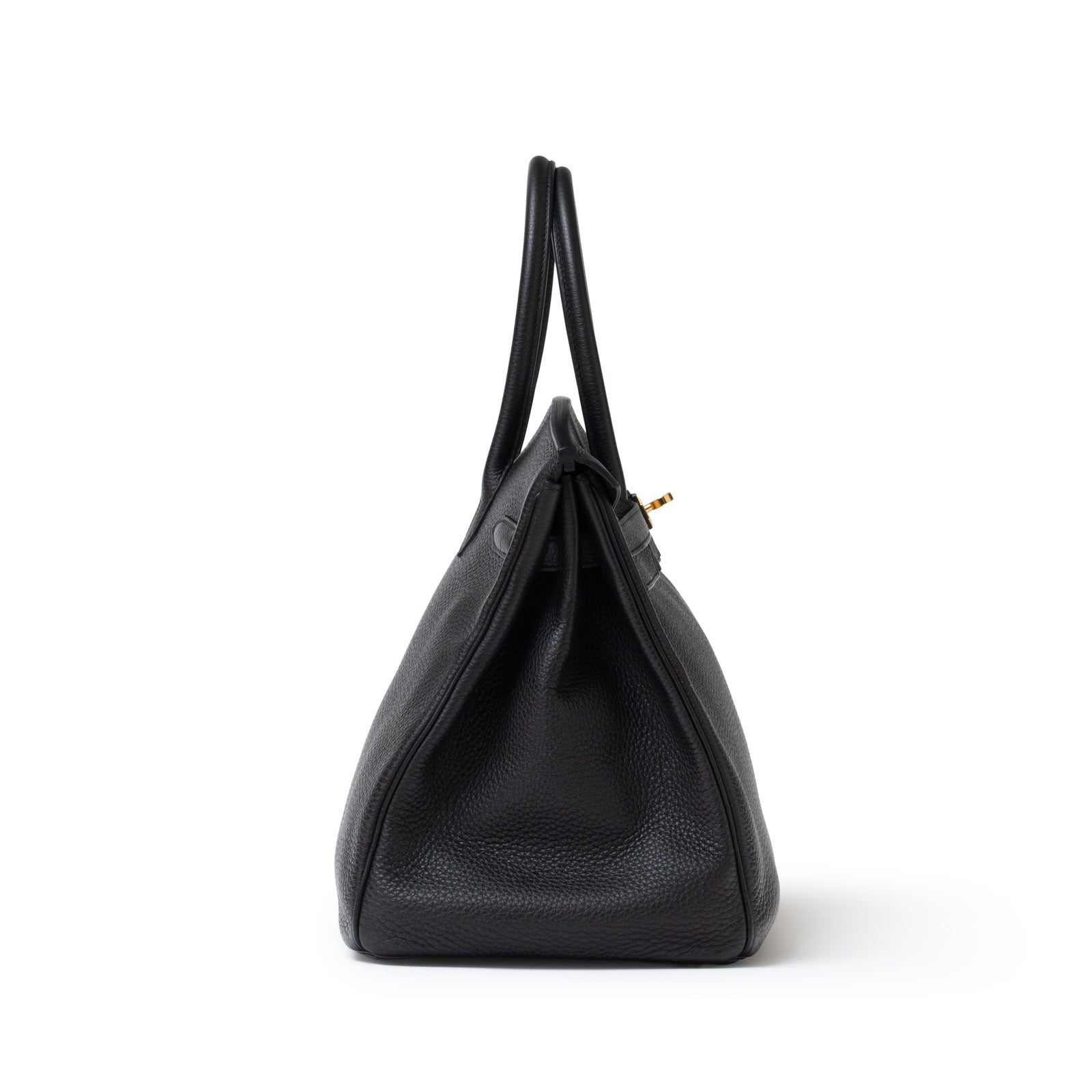 Side view of Hermès Birkin 35 Black Togo Gold Hardware showing textured leather and handle details.