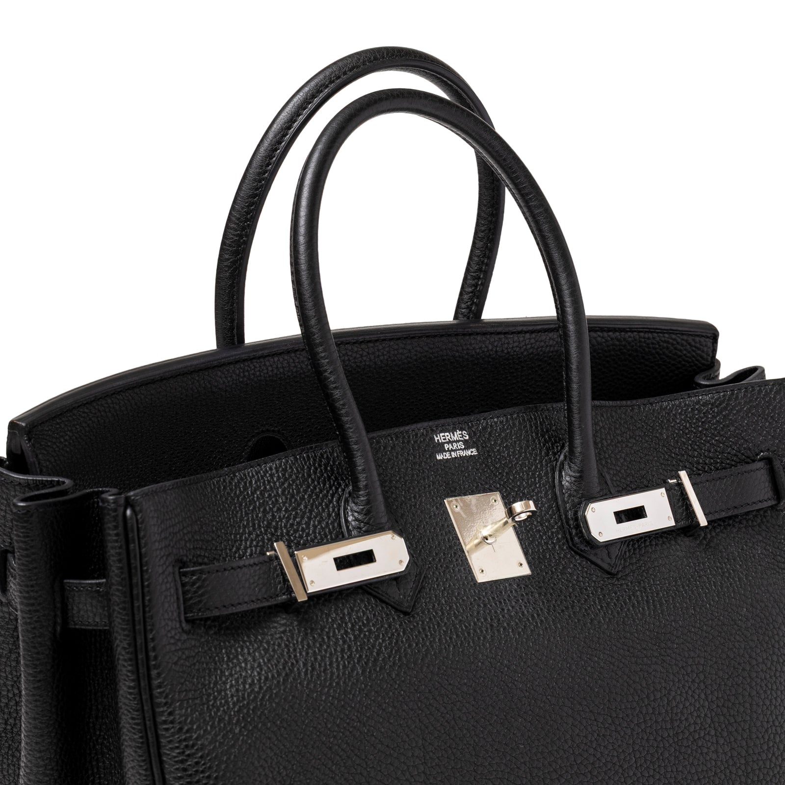 Close-up of textured leather and palladium lock hardware on Hermès Birkin 35 Black Togo Palladium Hardware bag