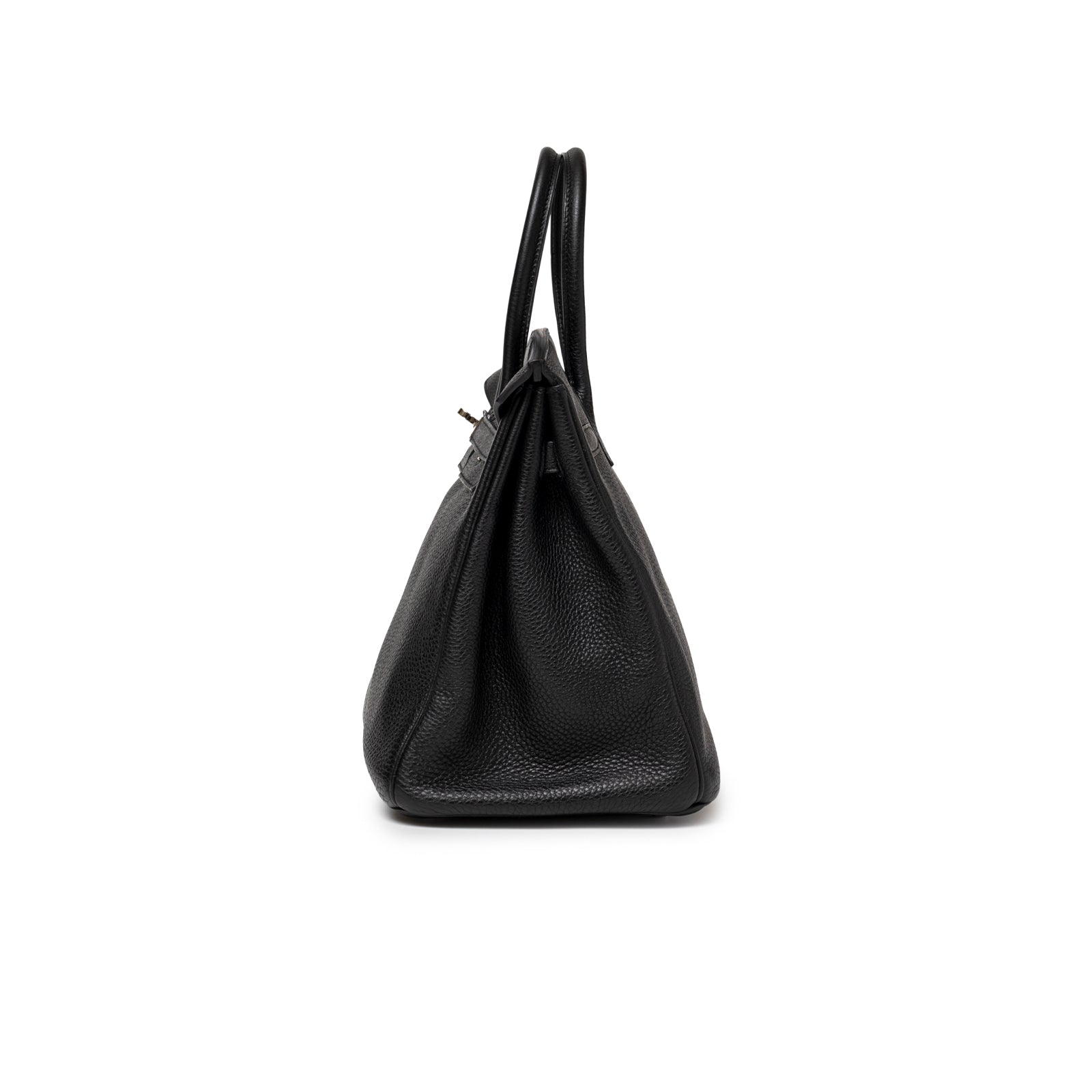 Side profile of Hermès Birkin 35 Black Togo Palladium Hardware showing textured leather and structured silhouette