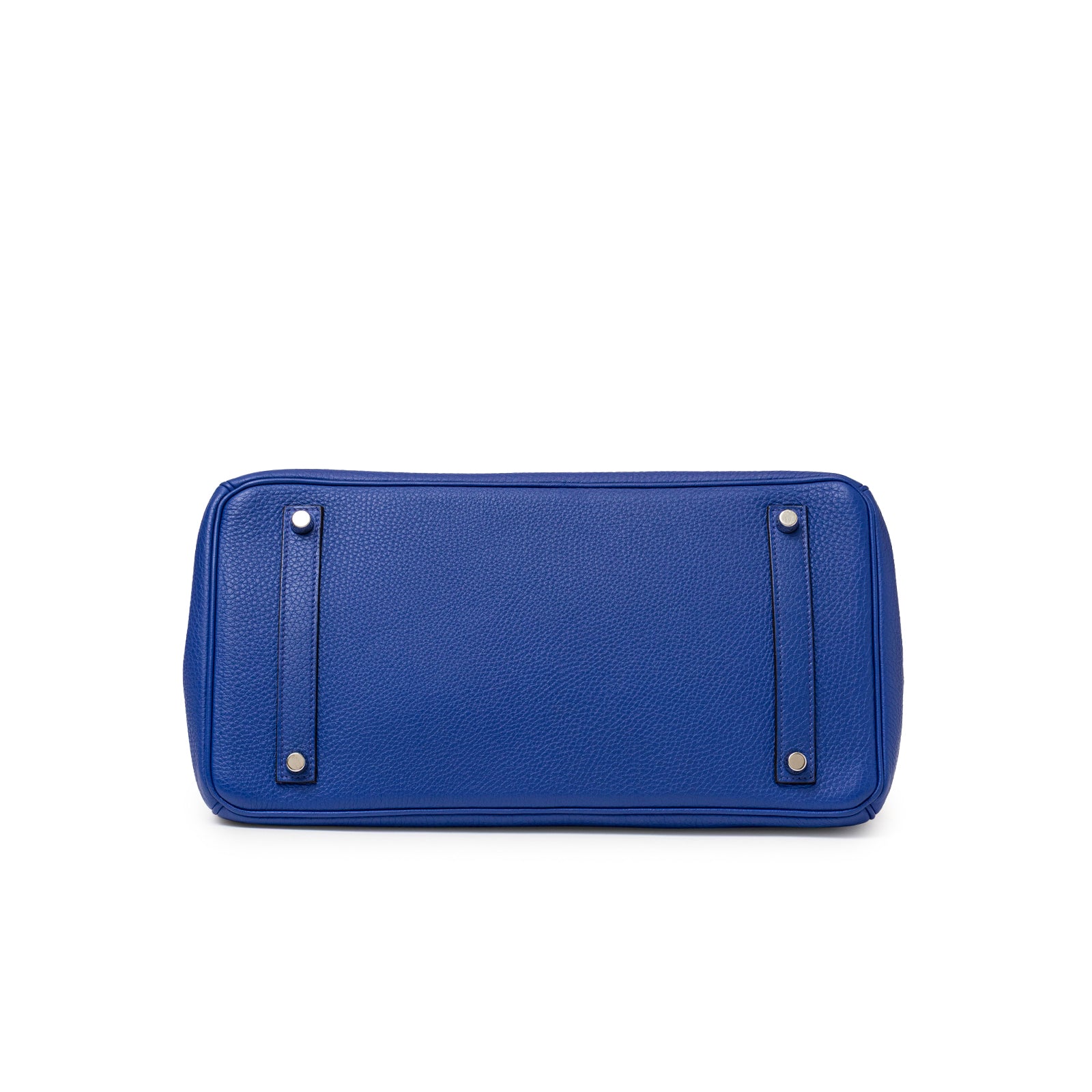 Bottom view of luxurious Hermès Birkin 35 Blue Electric Togo Palladium Hardware handbag showing texture and metal feet detail
