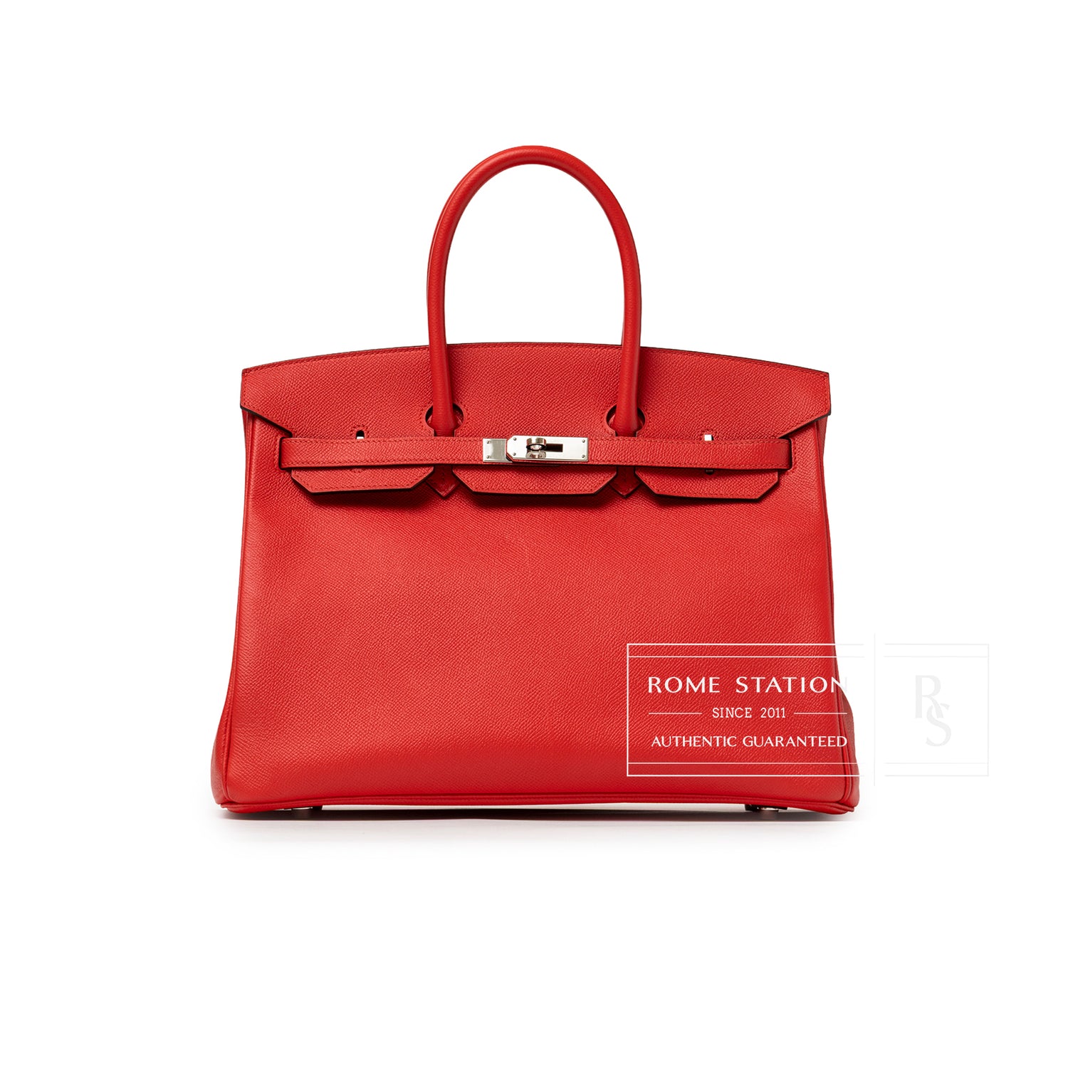 Front view of Hermès Birkin 35 Bougainvillea Epsom Palladium Hardware highlighting vivid leather and hardware details