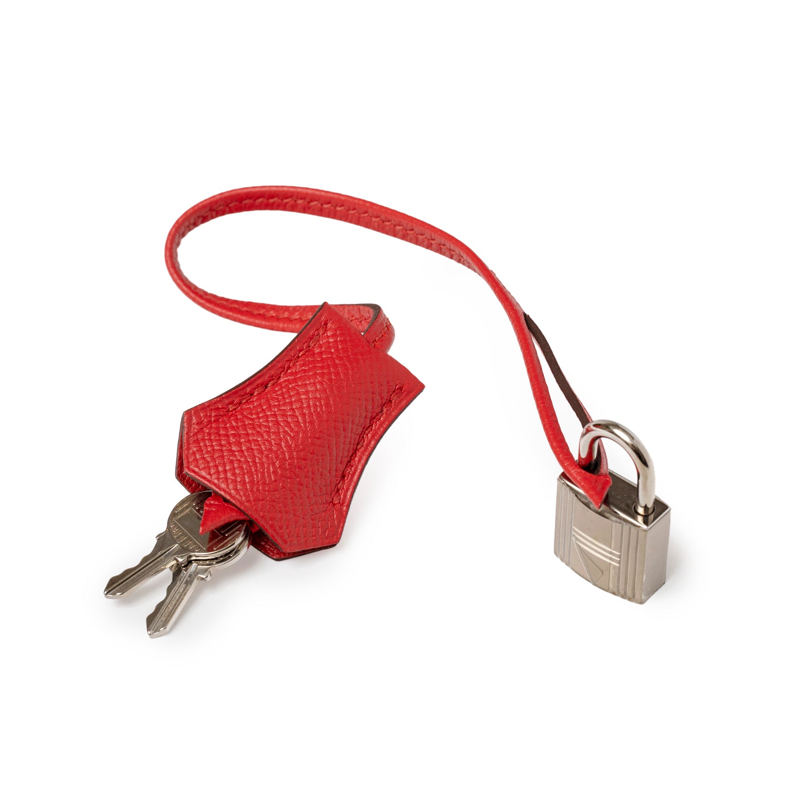 Red textured leather clochette with keys and palladium padlock for Hermès Birkin 35 Bougainvillea Epsom Palladium Hardware