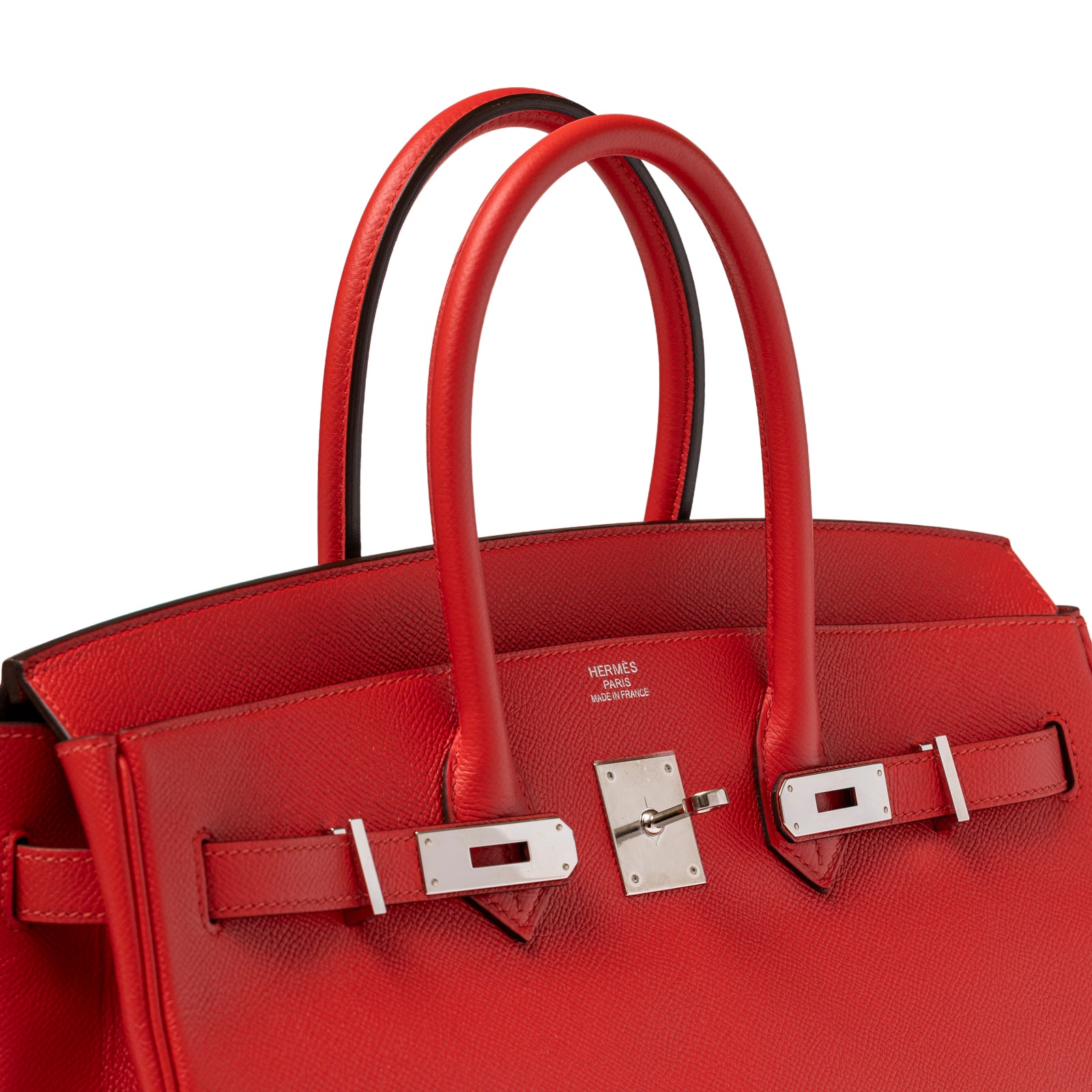 Close-up of top handles and silver lock hardware on Hermès Birkin 35 Bougainvillea Epsom Palladium Hardware