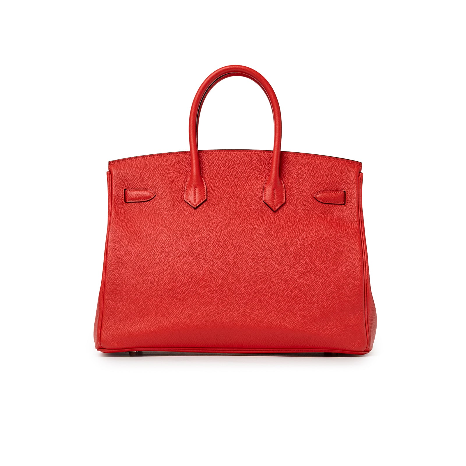 Back view of Hermès Birkin 35 Bougainvillea Epsom Palladium Hardware in bold red tone with smooth leather finish