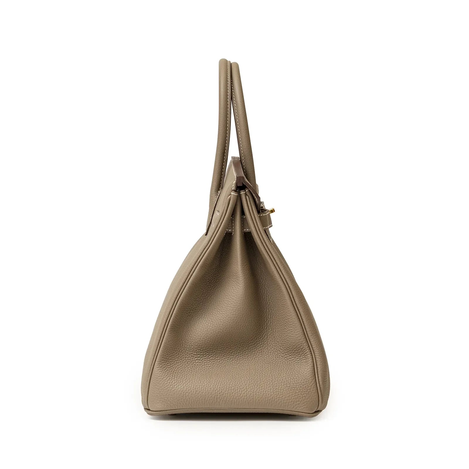 Side view of Hermès Birkin 35 Etoupe Togo leather handbag with gold hardware and structured silhouette.