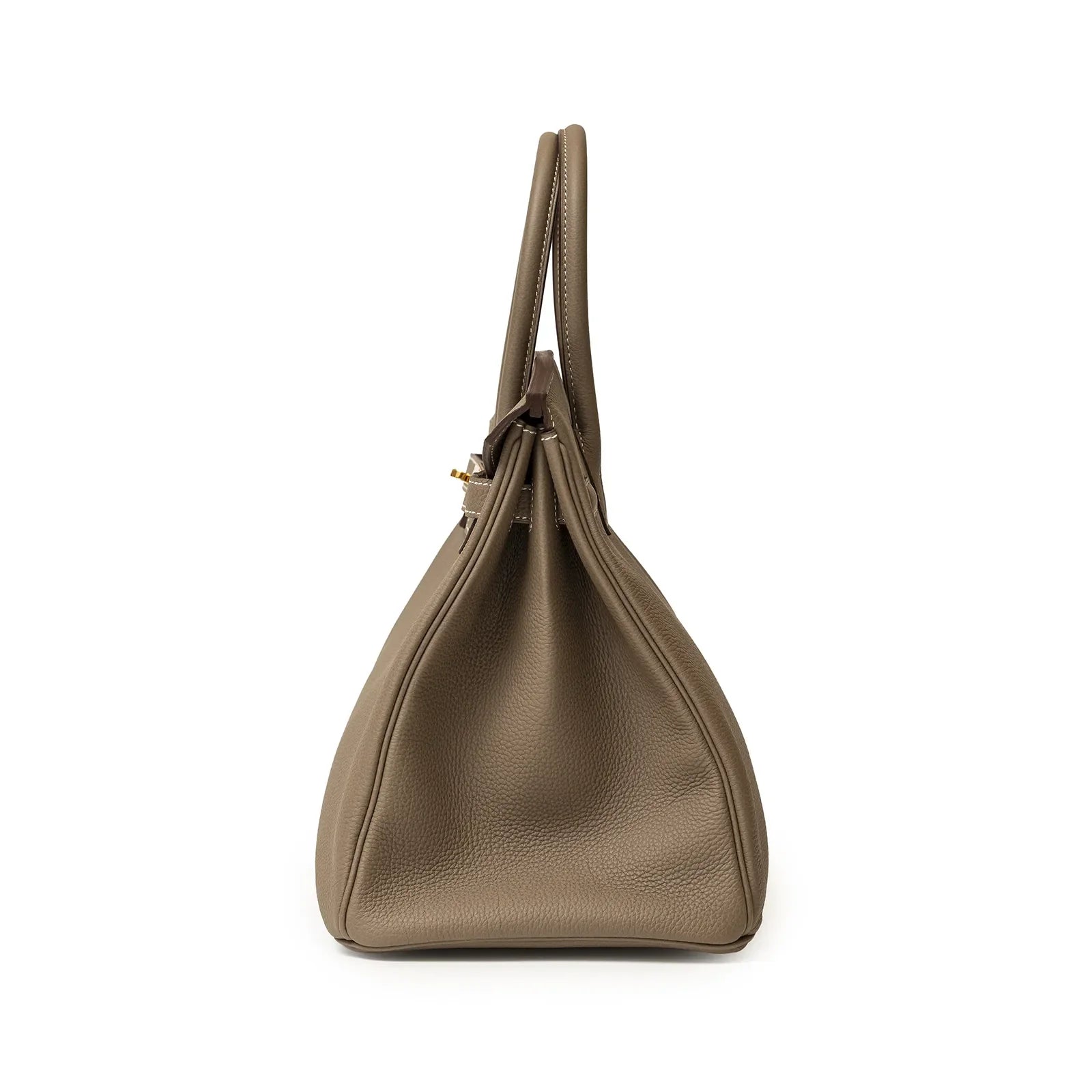 Side view of Hermès Birkin 35 Etoupe Togo leather handbag with gold hardware and structured silhouette