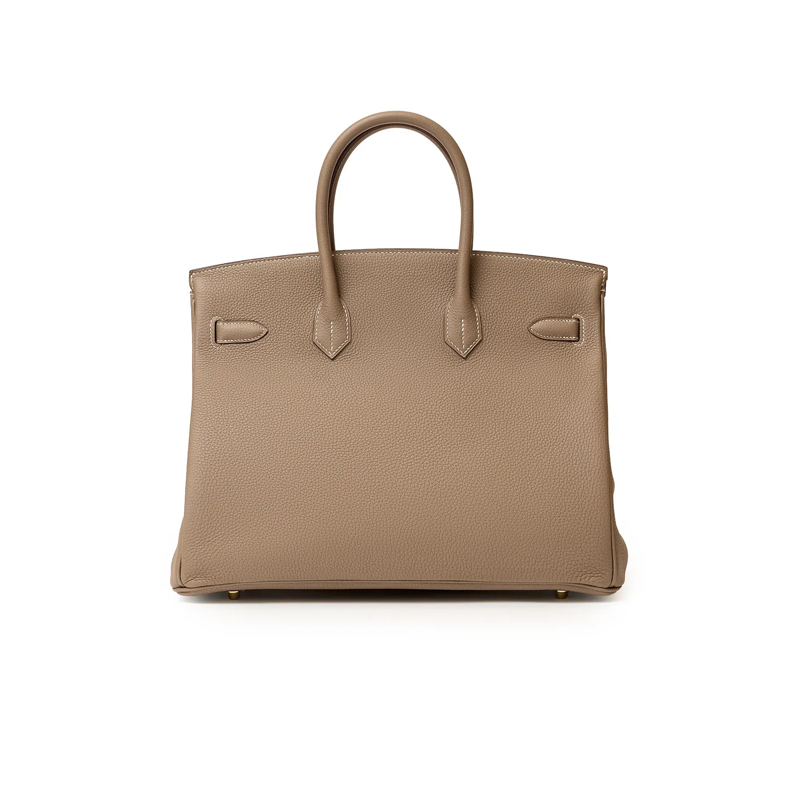 Back view of Hermès Birkin 35 Etoupe Togo leather handbag with gold hardware showing smooth texture