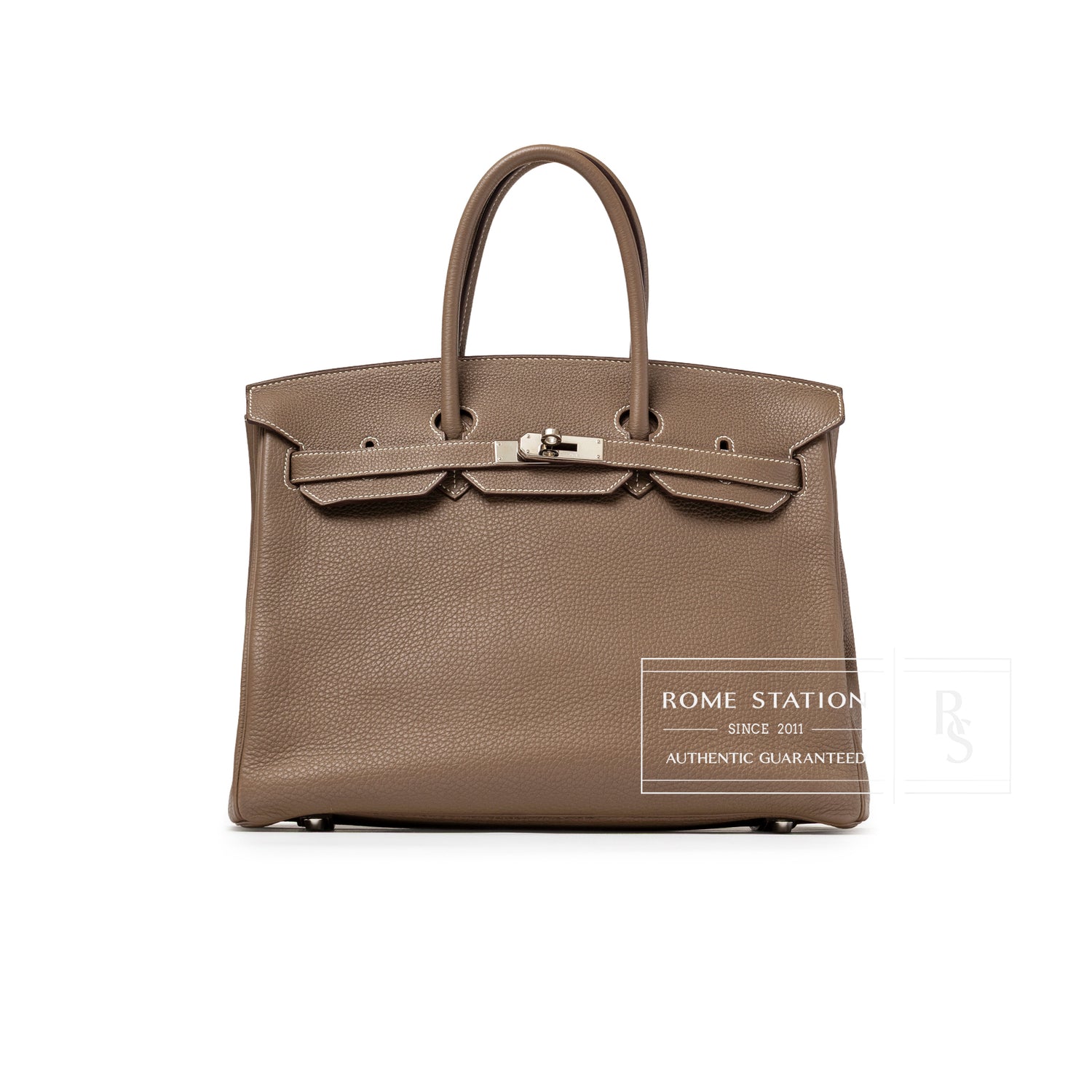 Front view of Hermès Birkin 35 Etoupe Togo Palladium Hardware showing grainy leather and palladium clasp detail
