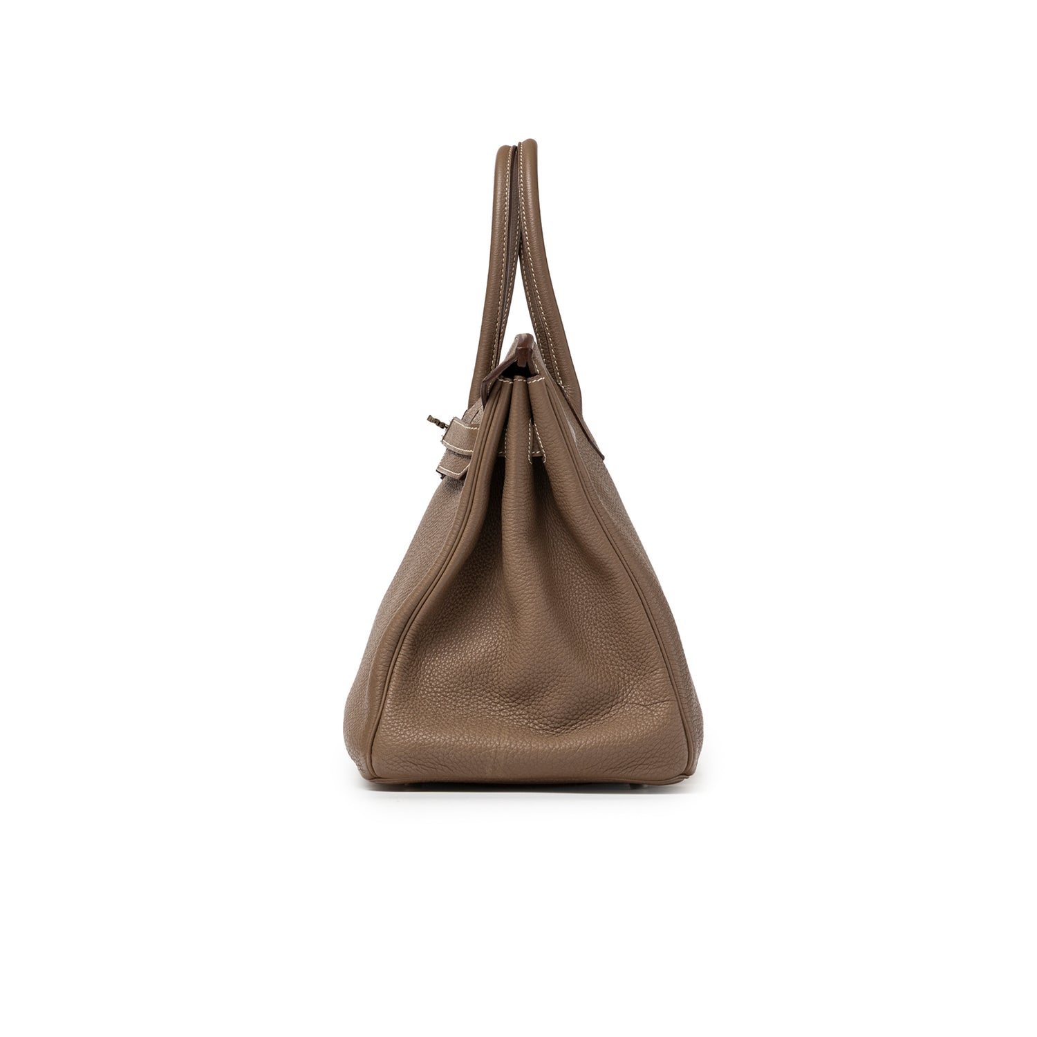 Side profile of Hermès Birkin 35 Etoupe Togo Palladium Hardware showing soft grain leather and structured silhouette